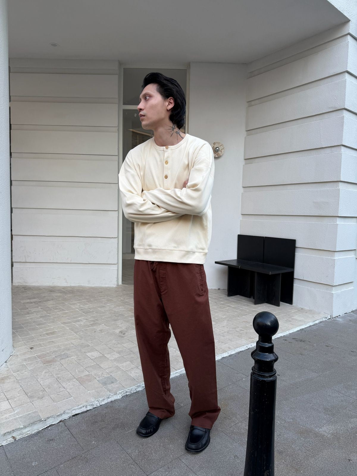 TRIANGLE PROJECT Ribbed Cotton Henley Sweatshirt in White - On Model