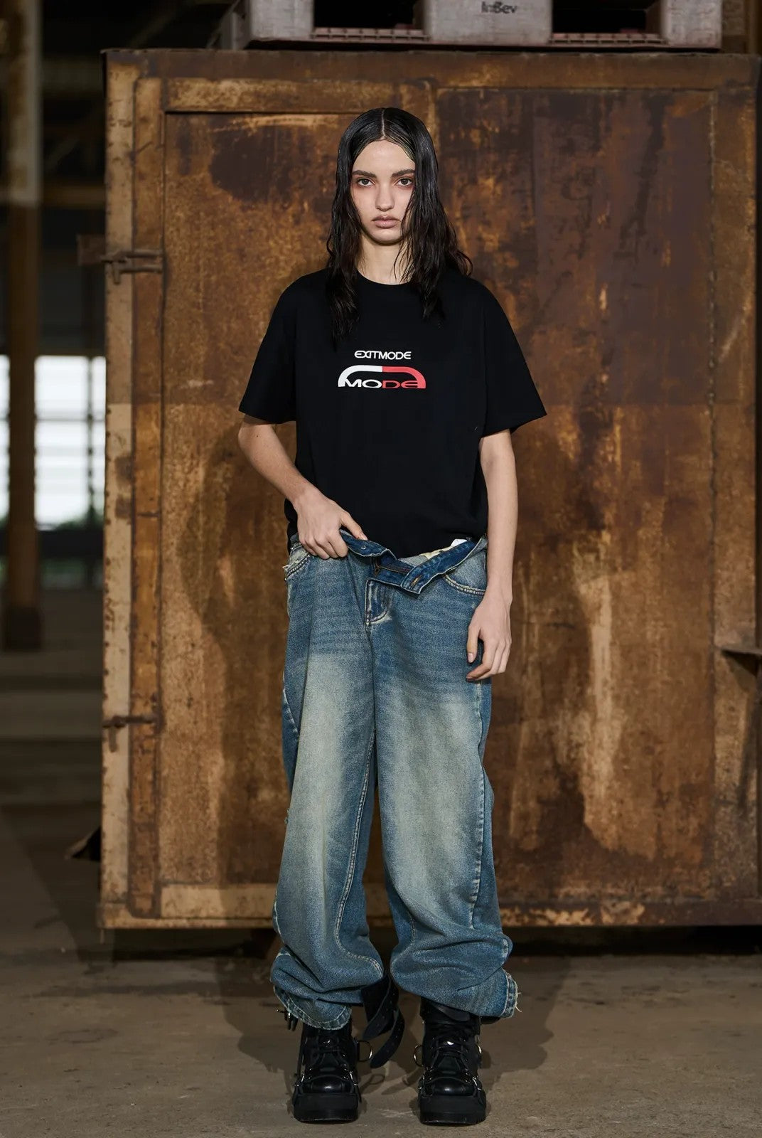 BLINDNOPLAN Distressed Washed Straight Leg Jeans in Blue - On Model