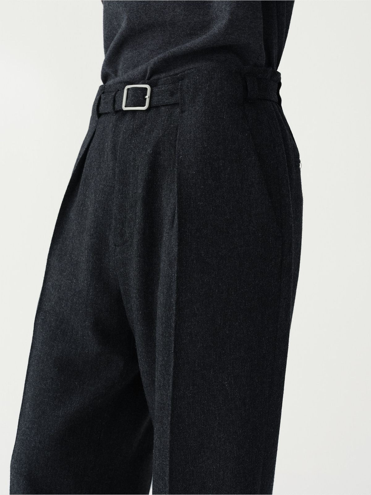 ROYA Belted Double Pleated Wool Trousers in Gray - On Female Model