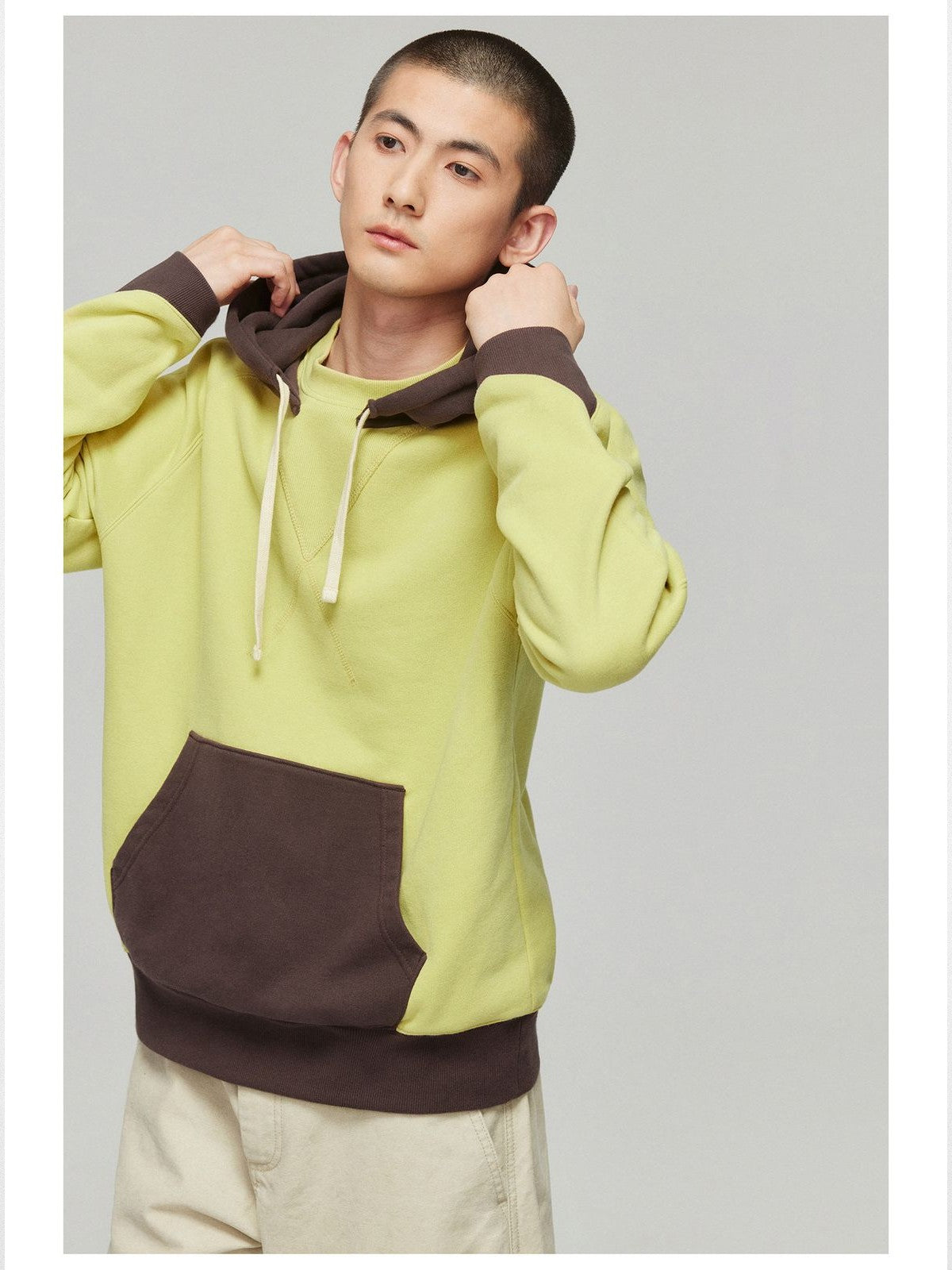 Simple Project Contrast Panel Hoodie in Brown - On Model