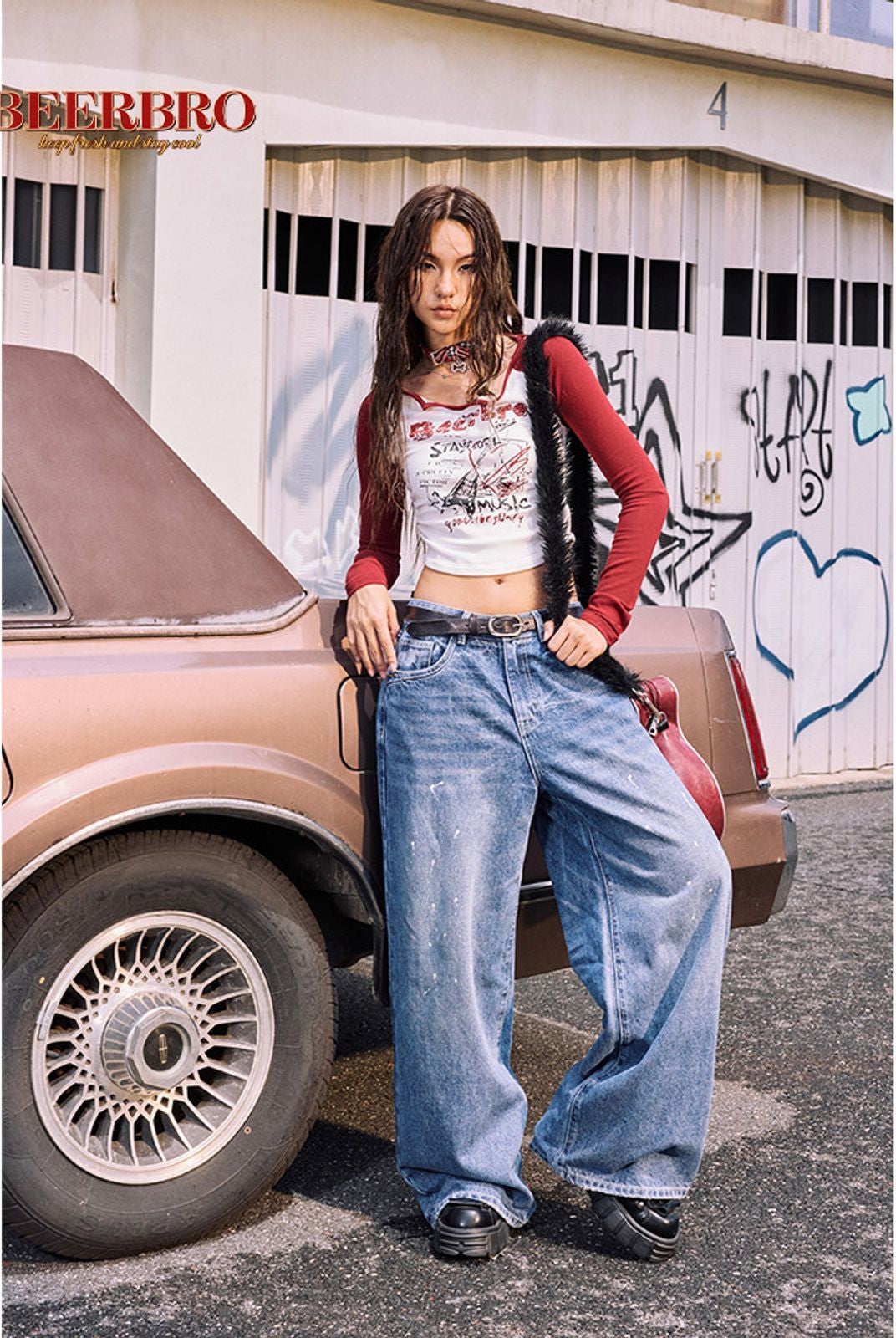 BeerBro Rock Graphic Raglan Tee in Red - On Model