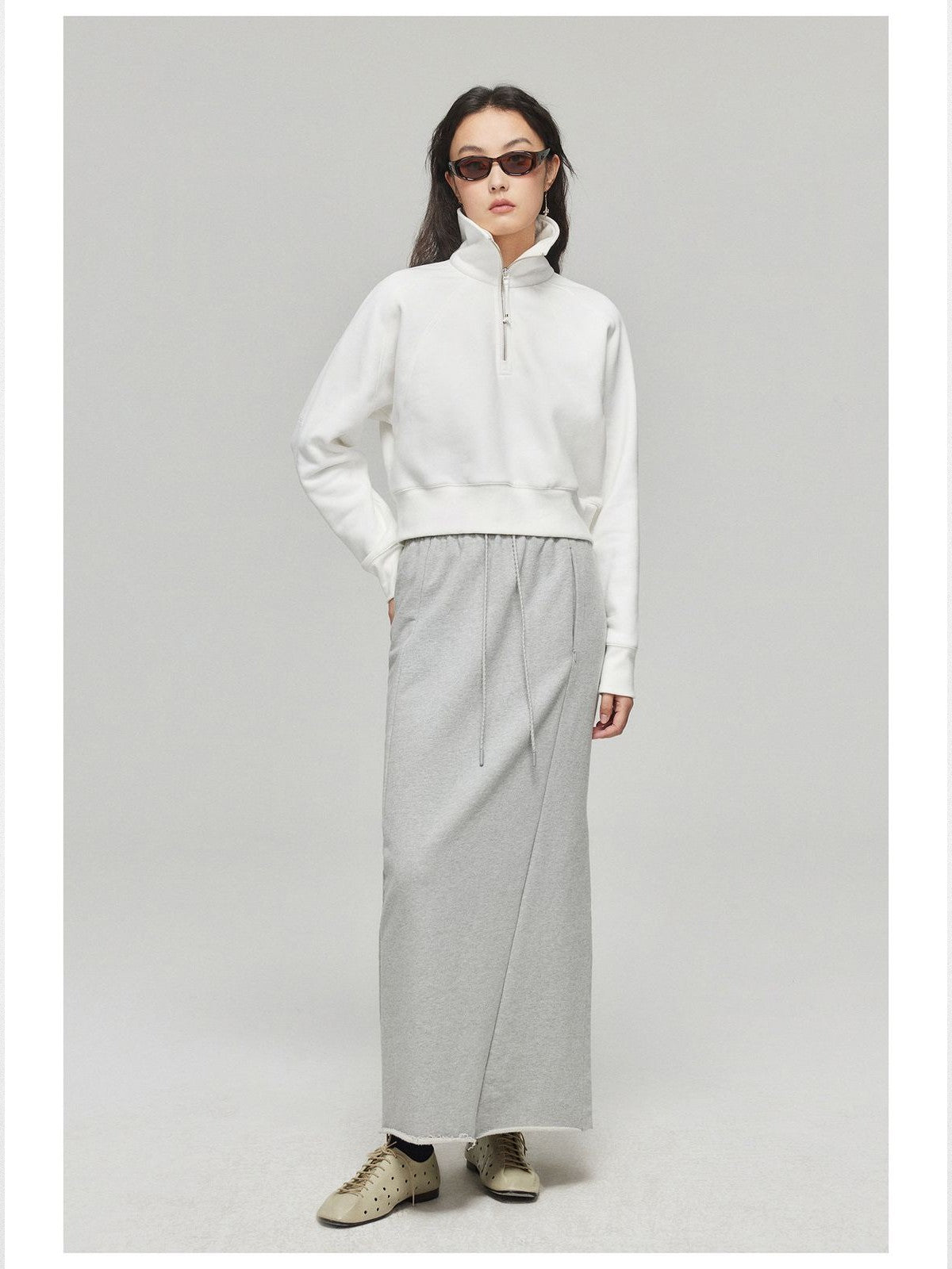 Simple Project Mock Neck Half Zip Sweatshirt in White - On Model