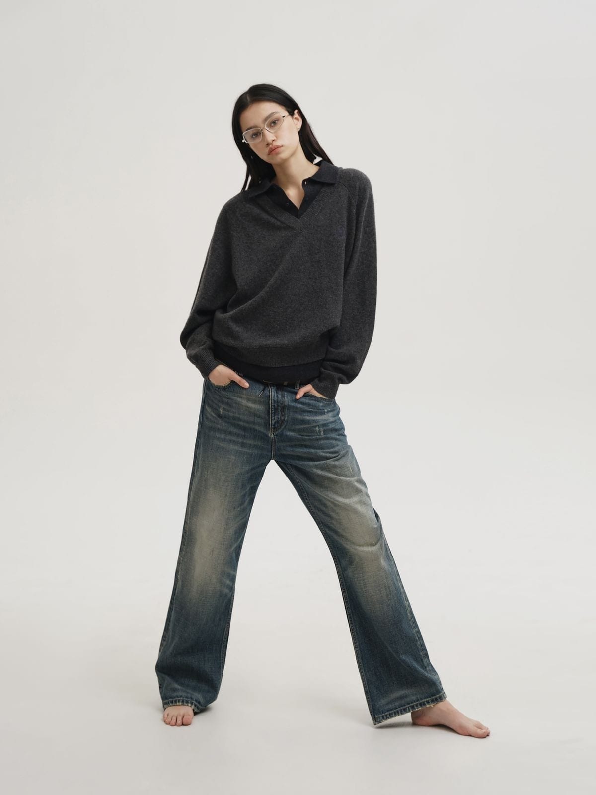 MasonPrince Faux Two Piece Wool Blend Polo in Charcoal - On Model