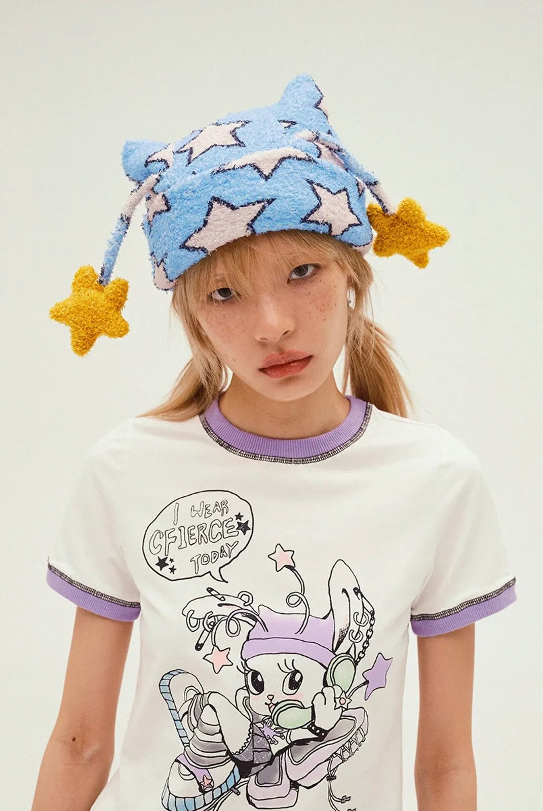 CFIERCE Star Antennae Fuzzy Beanie in Sky Blue - On Model