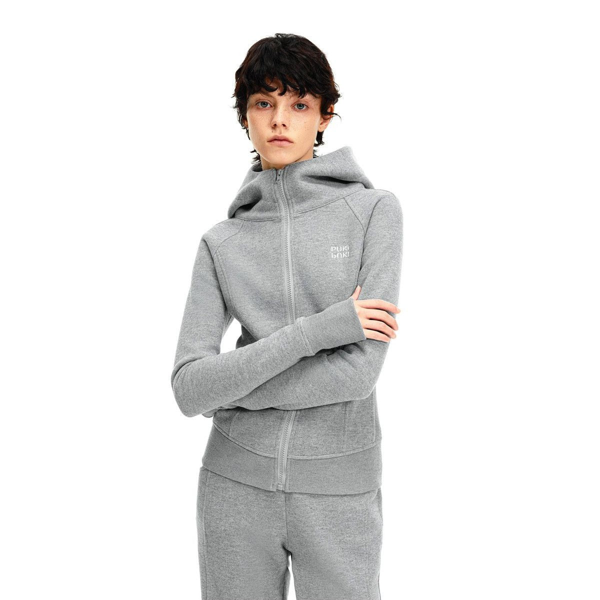 PUKI Panelled Zip Up Hoodie in Gray - On Model
