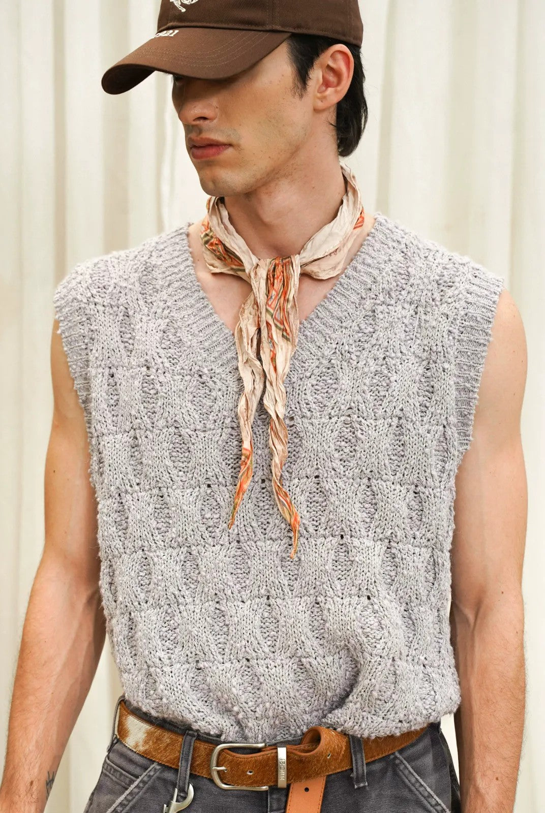 Retro 21 Irregular Pleated Vintage Print Scarf in Beige - On Model