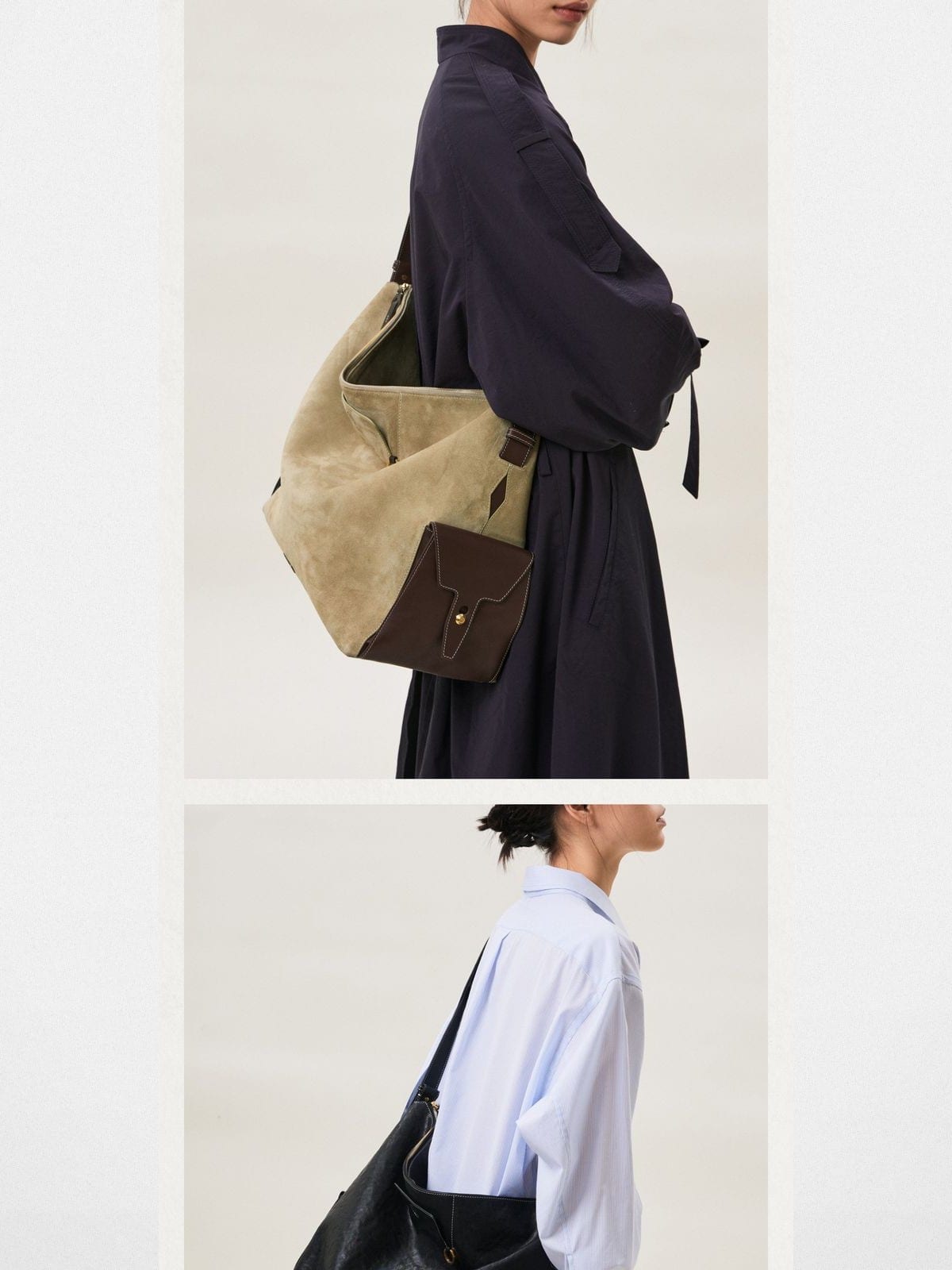 Songmont Suede Leather Large Hobo Bag in Beige - On Model