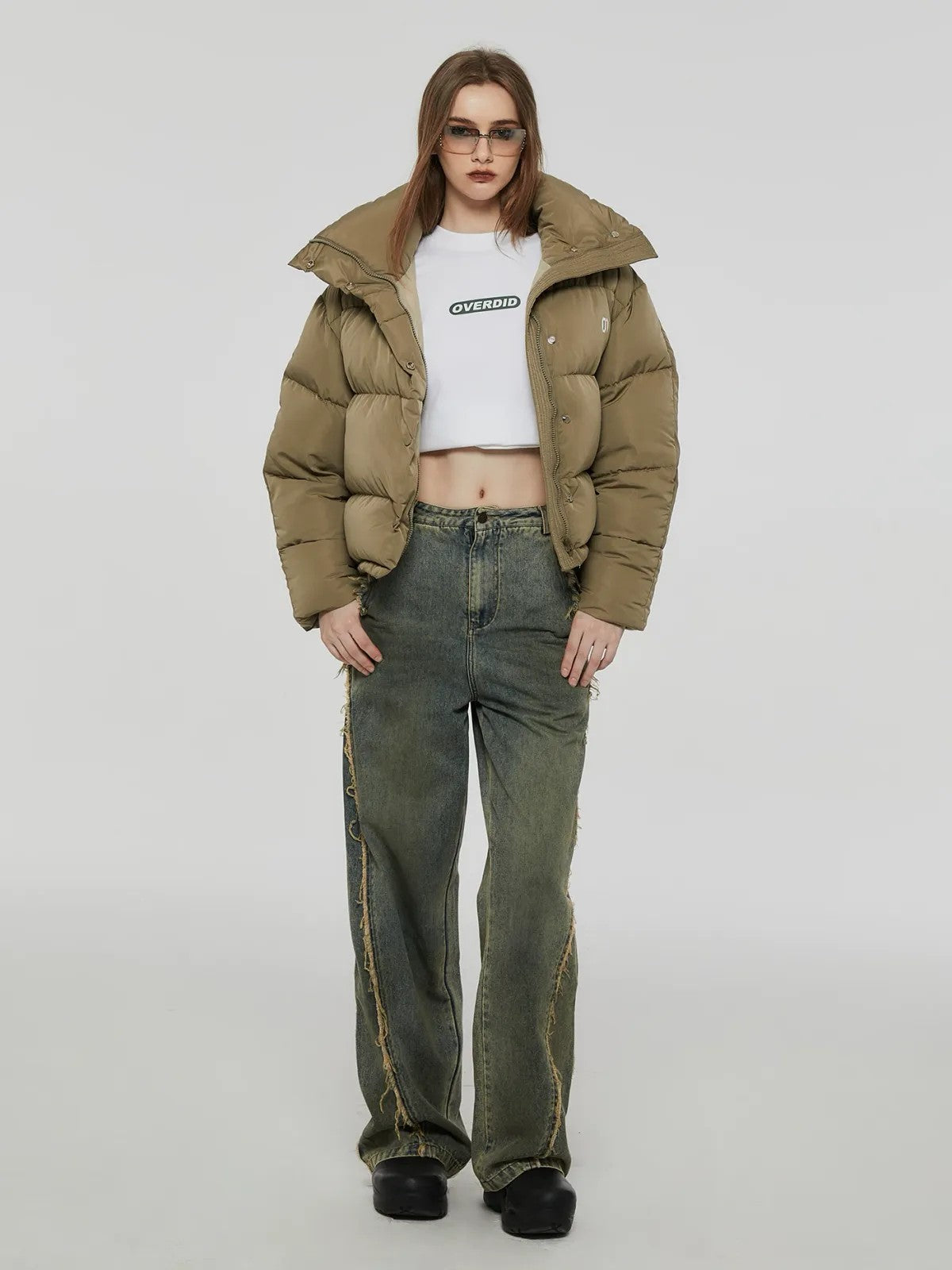 Amee Duck Down Stand Collar Puffer in Green - On Model