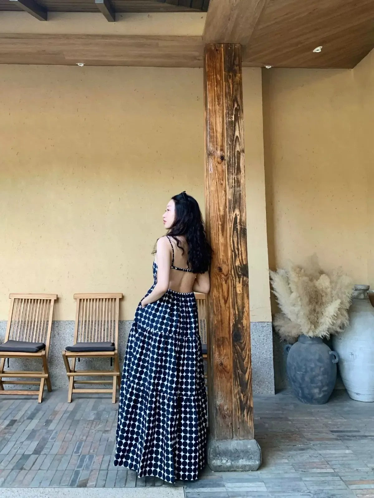 1S STUDIO Polka Dot Open Back Maxi Dress in Blue - On Model