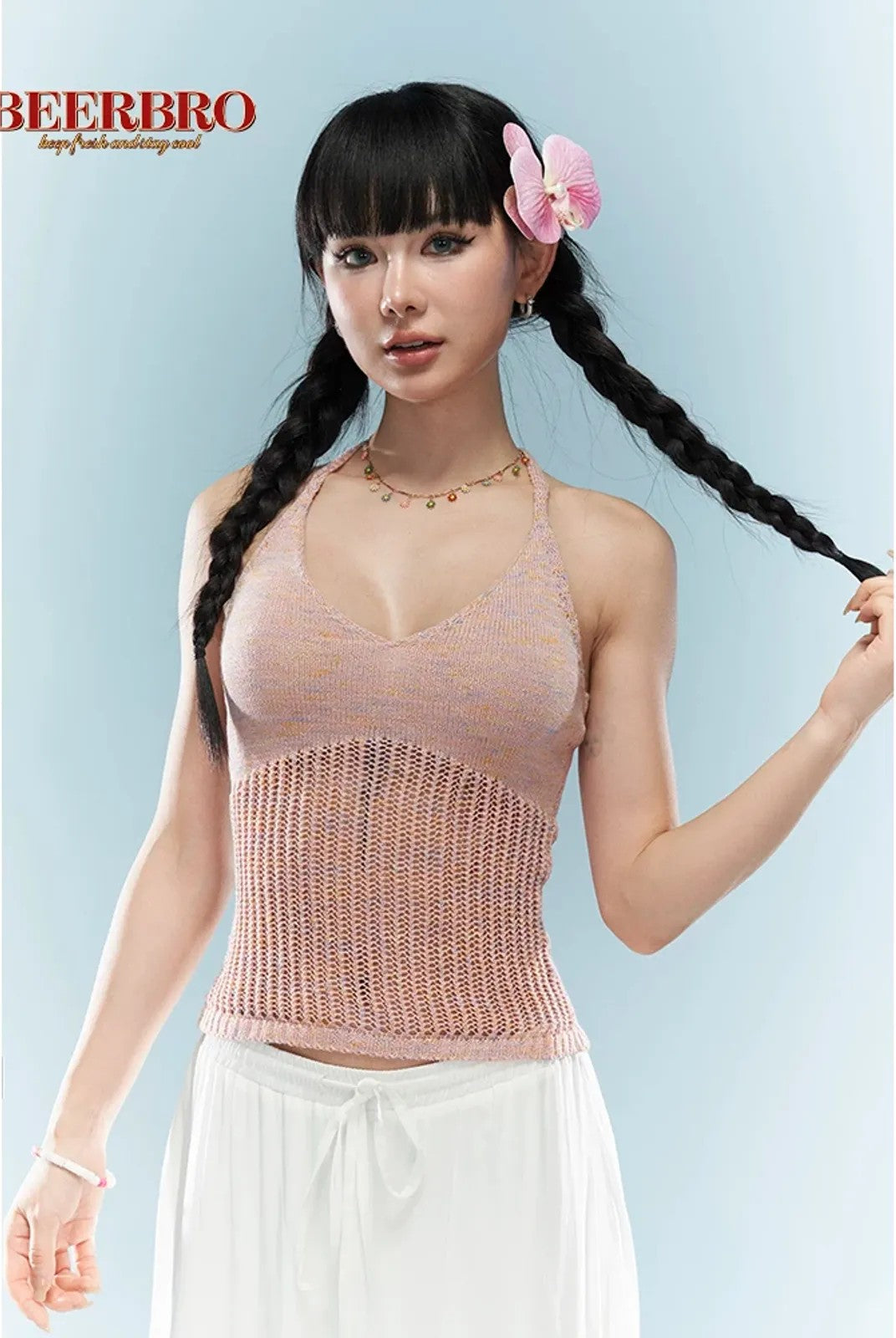 BeerBro Hollow Out Knit Halter Top in Beige