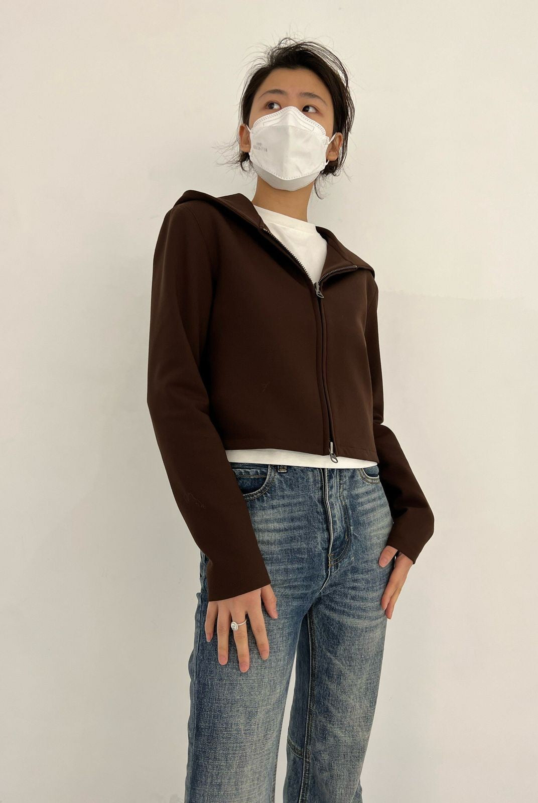 Alright then Hooded Wool Double Zip Jacket in Brown - On Model