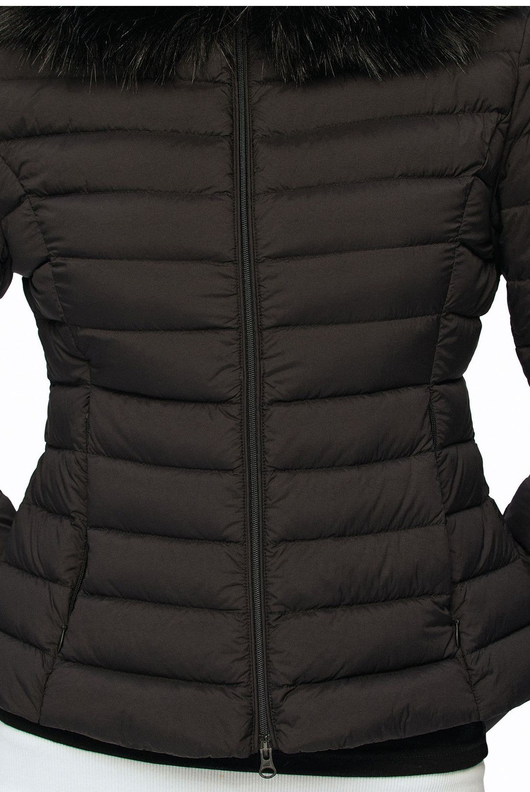 Alright then Slim Faux Fur Down Puffer in Black - Detail