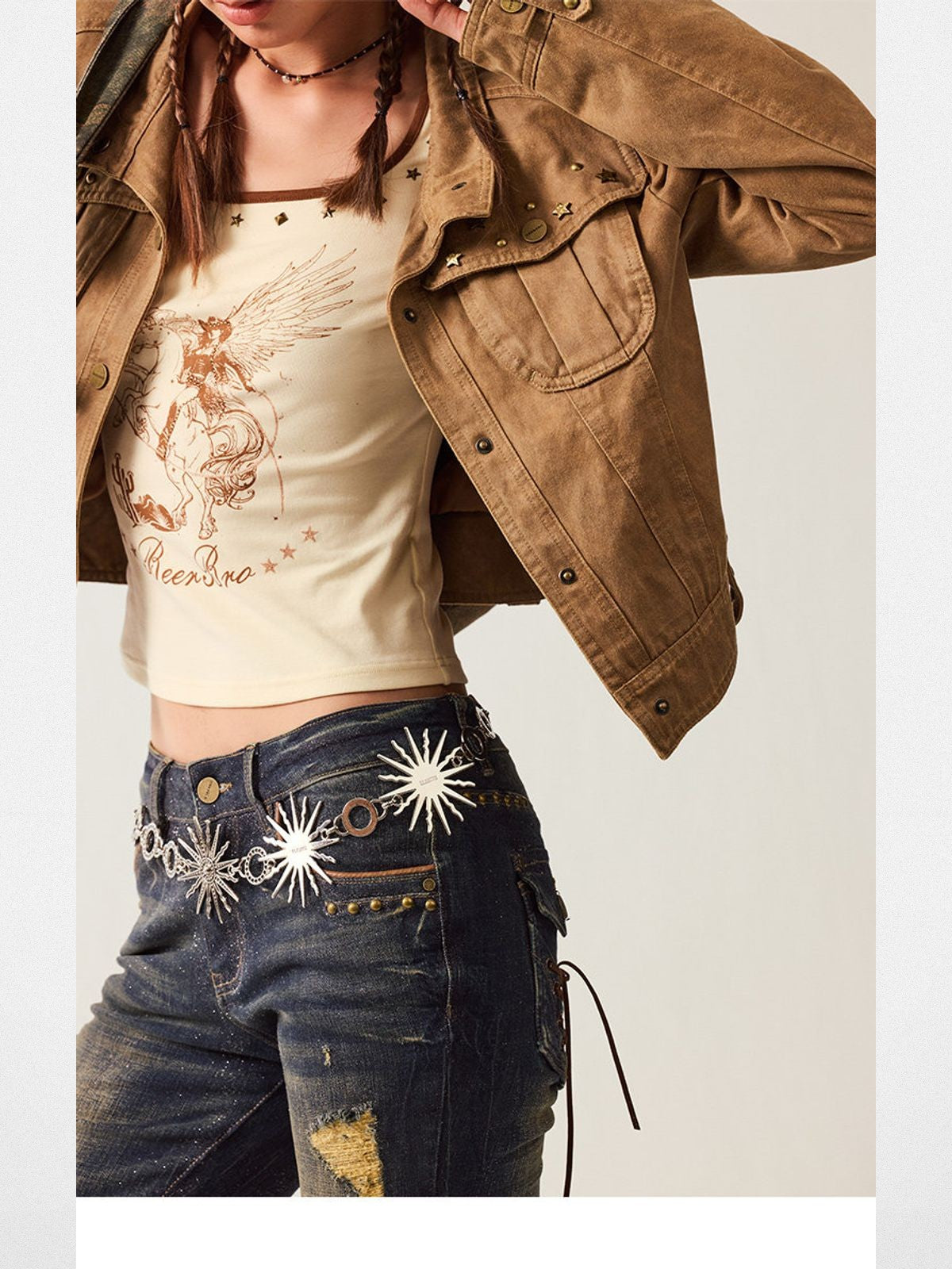 BeerBro Large Lapel Suede Cropped Jacket in Brown - On Model