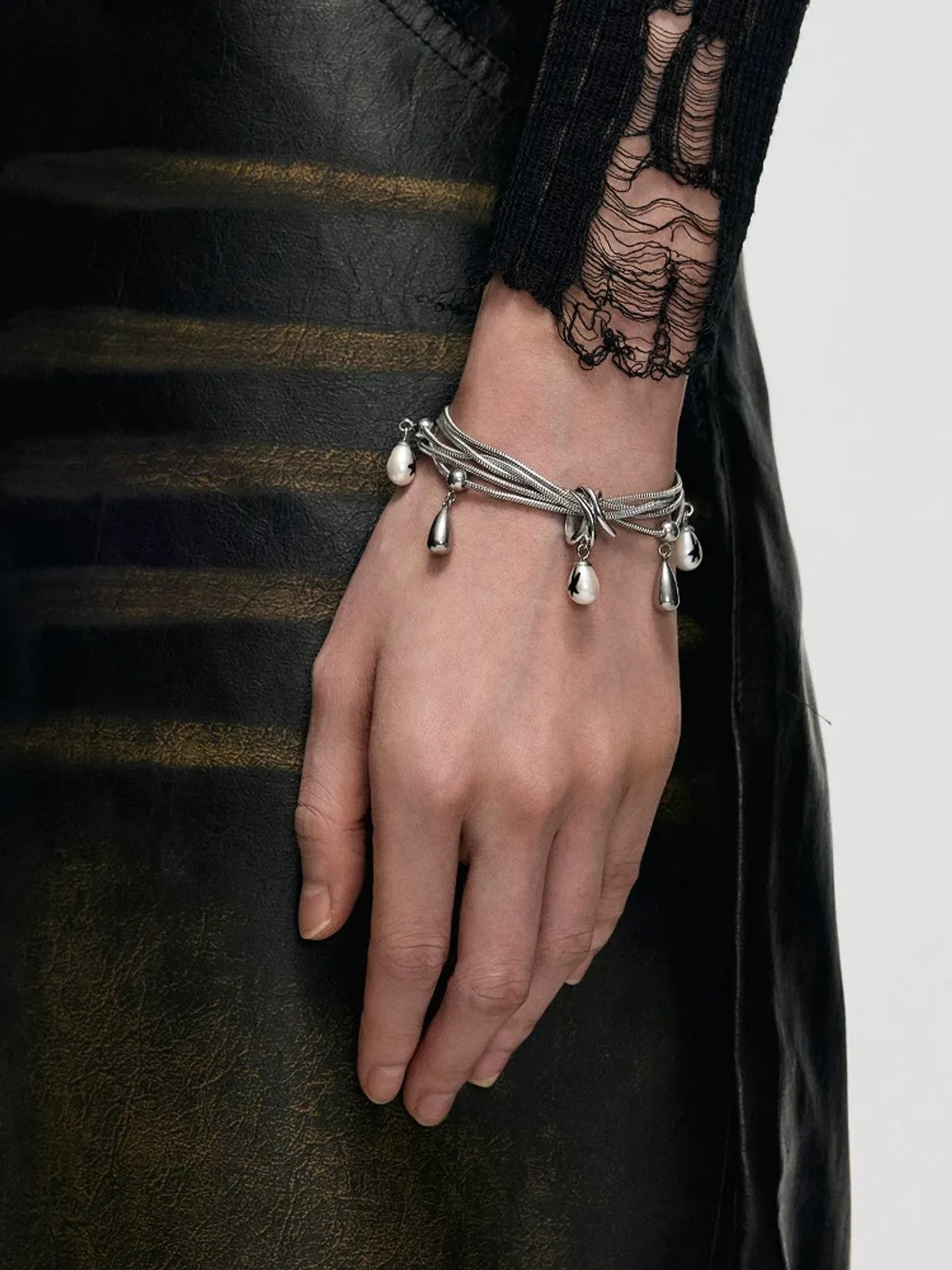 BLACKHEAD Multi Chain Teardrop Pearl Bracelet in Silver - On Model