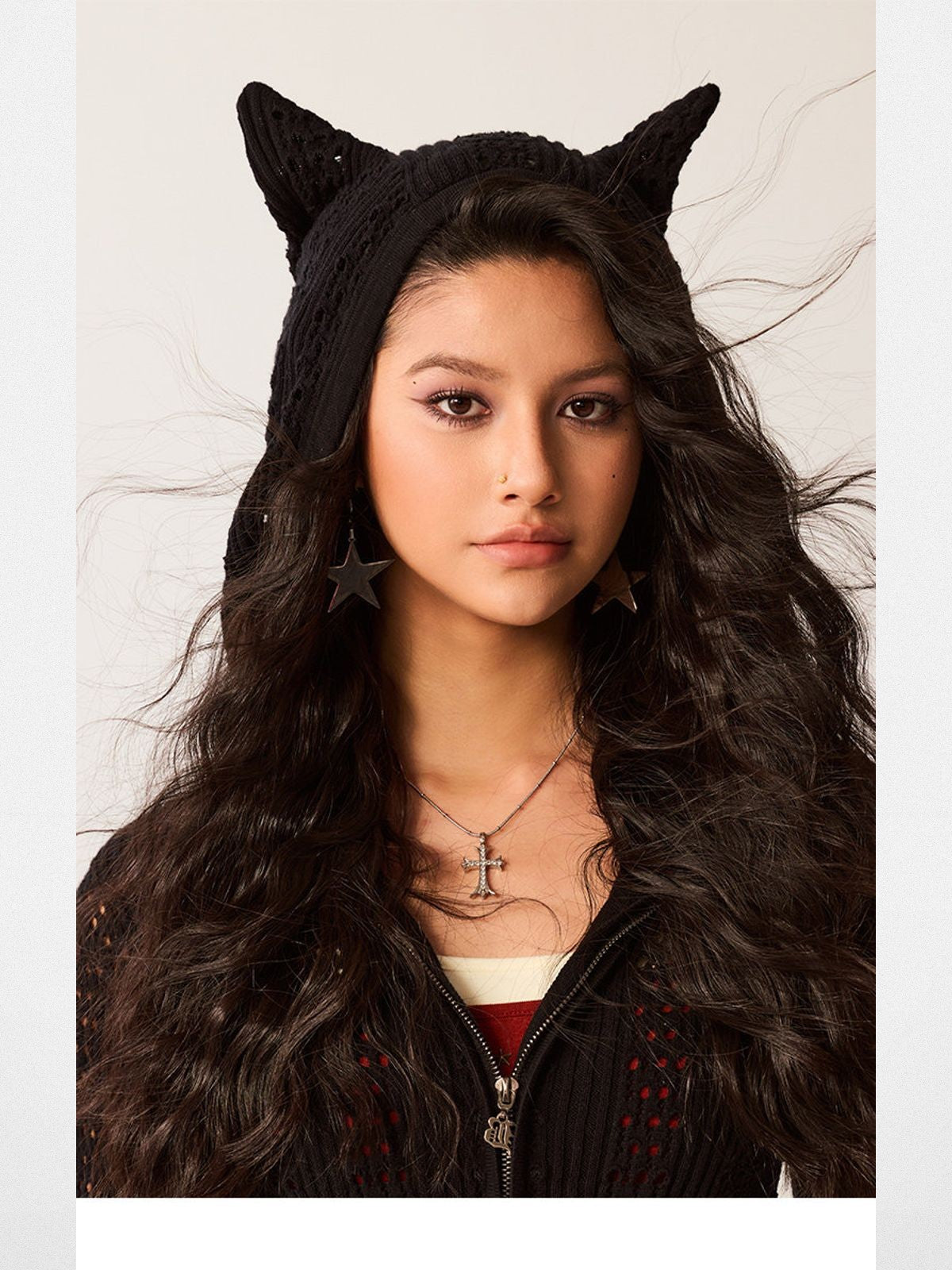 BeerBro Devil Horn Open Knit Cardigan in Black - On Model