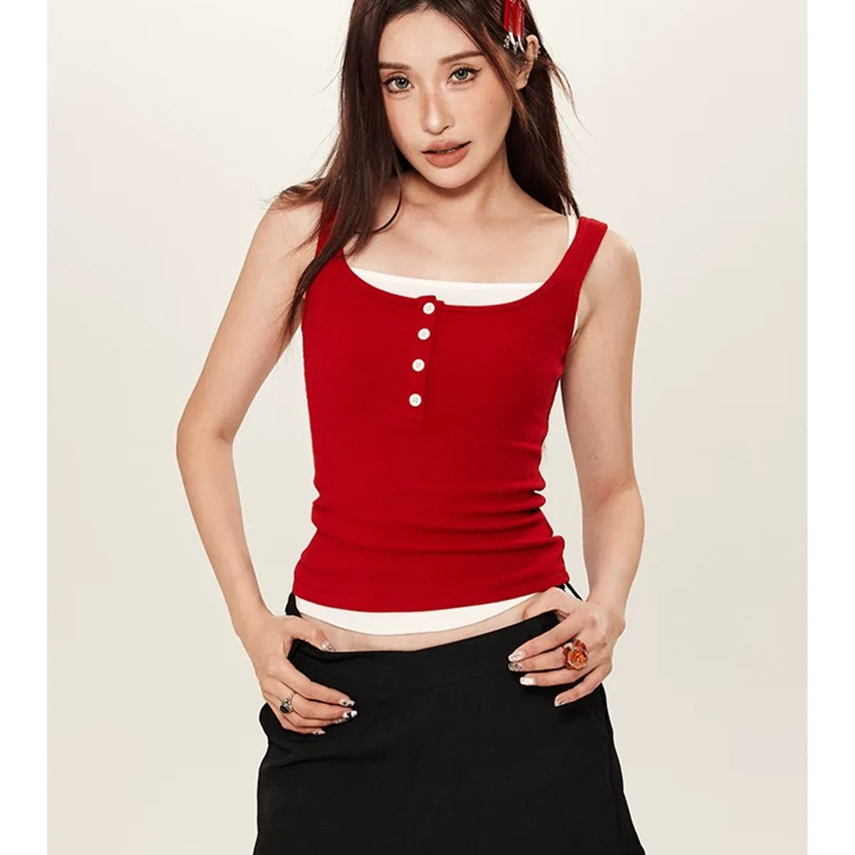 BeerBro Contrast Layered Knit Tank Set in Red - On Model