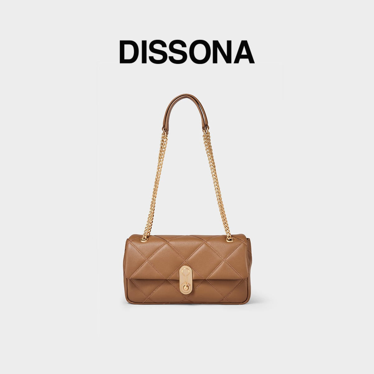 DISSONA Quilted Leather Chain Shoulder Bag in Beige