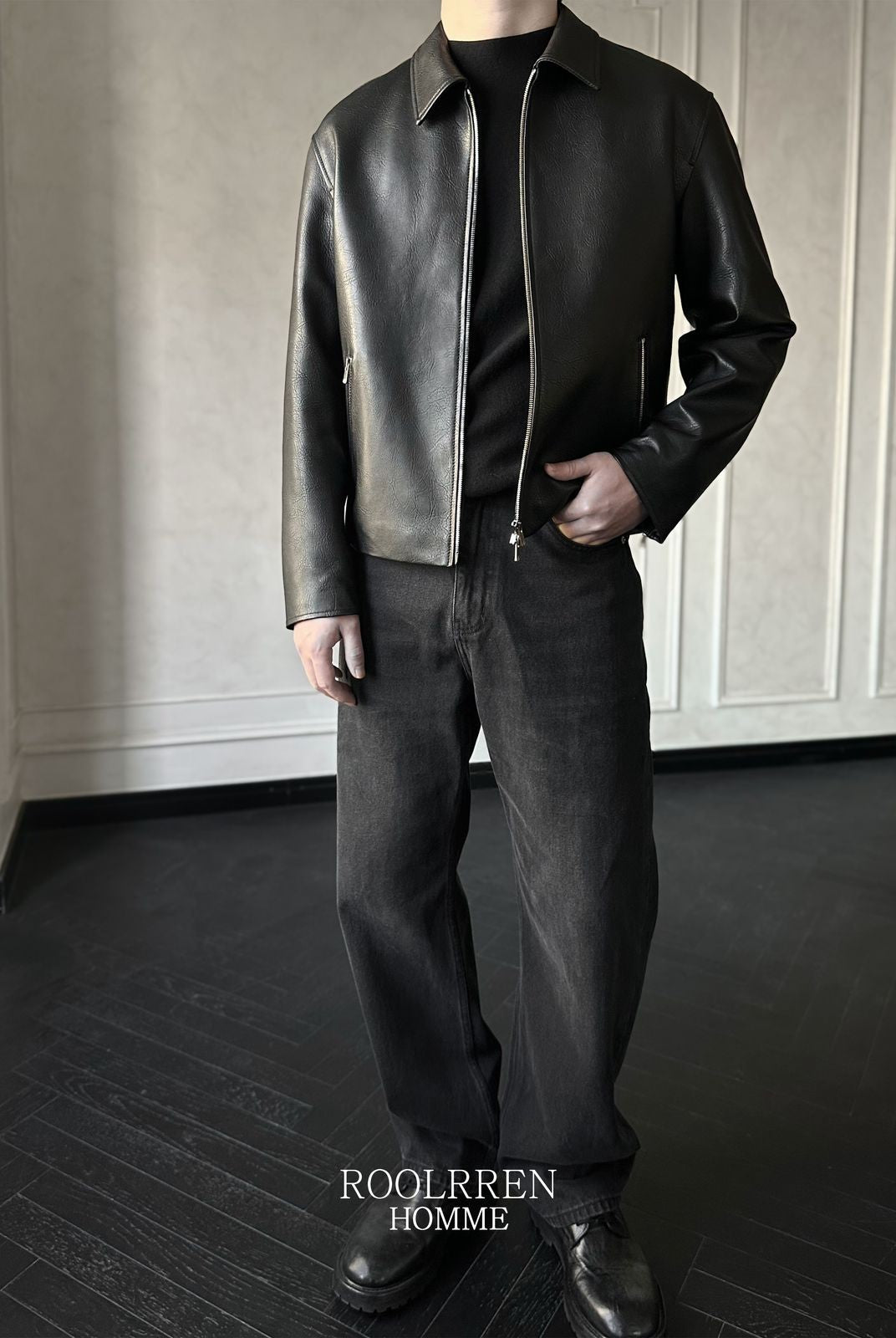 Roolrren Homme Distressed Italian Sheepskin Jacket in Black - On Model