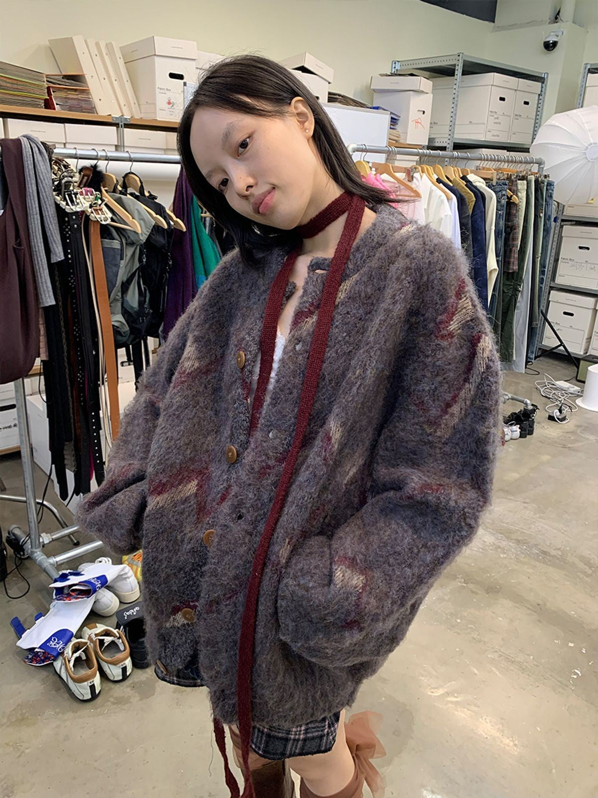 NeverSeez Plush Wool Blend Lantern Cardigan in Gray - On Female Model