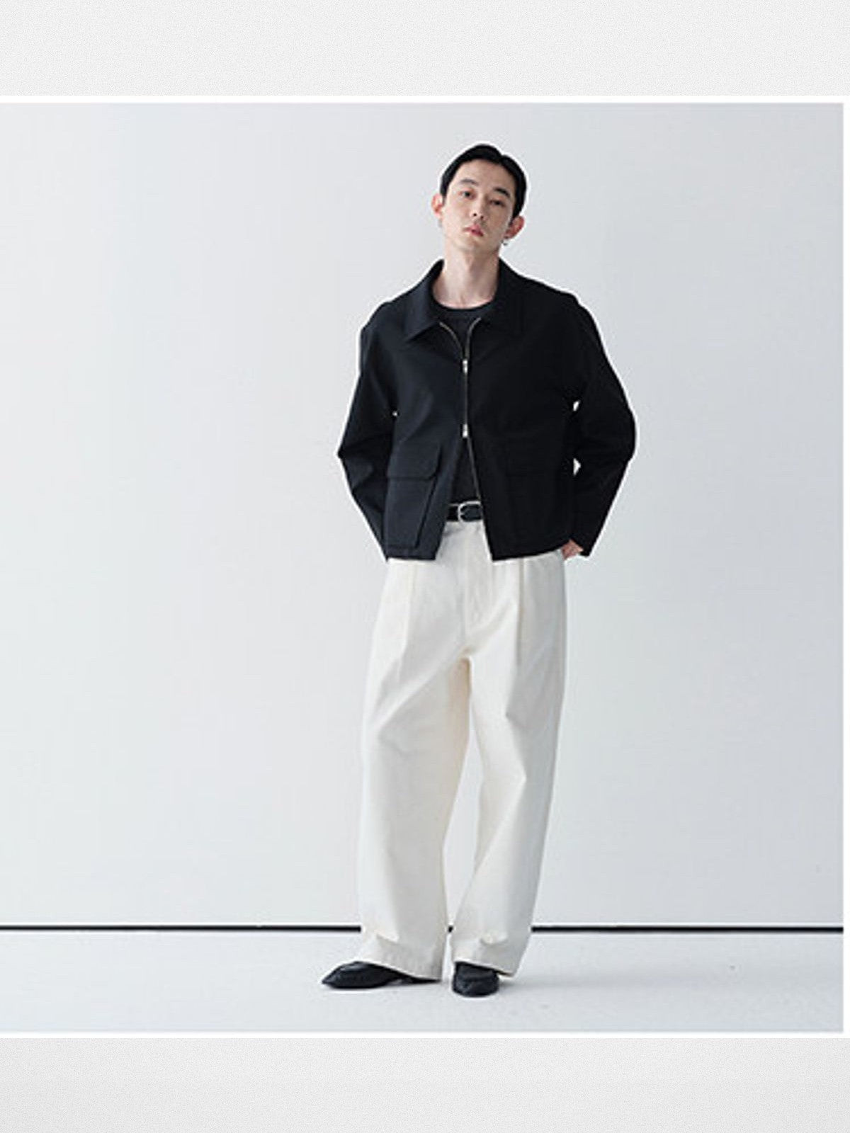 ROYA Merino Wool Zip Up Boxy Jacket in Black - On Model