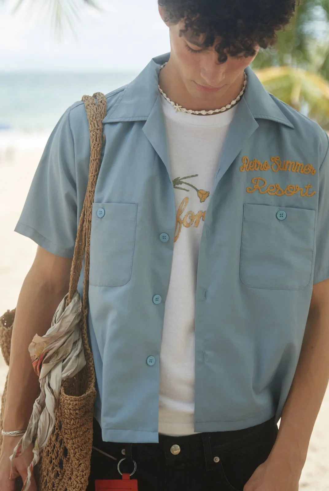 Retro 21 Chenille Embroidered Camp Collar Shirt in Blue - On Model