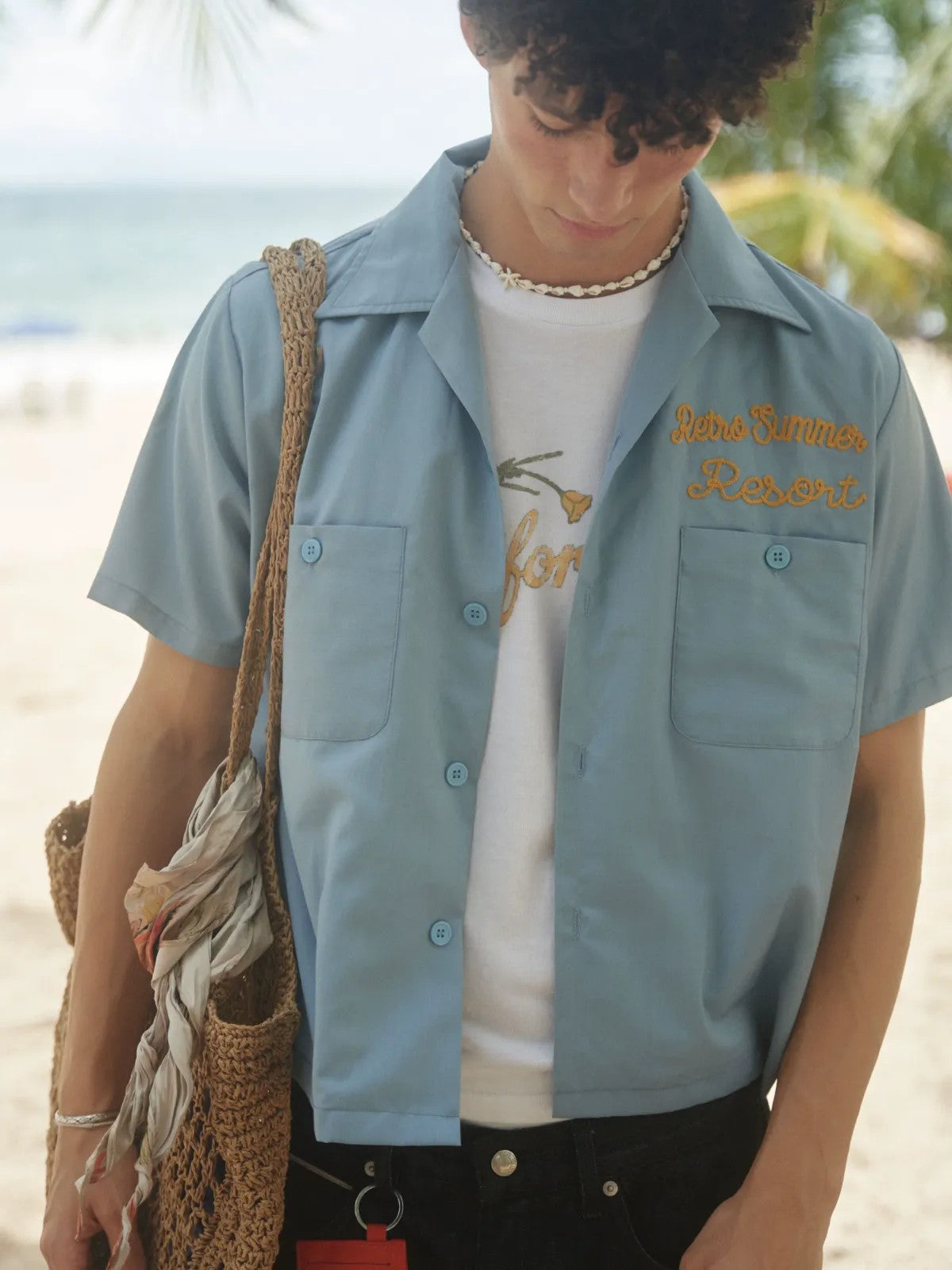 Retro 21 Chenille Embroidered Camp Collar Shirt in Blue - On Model