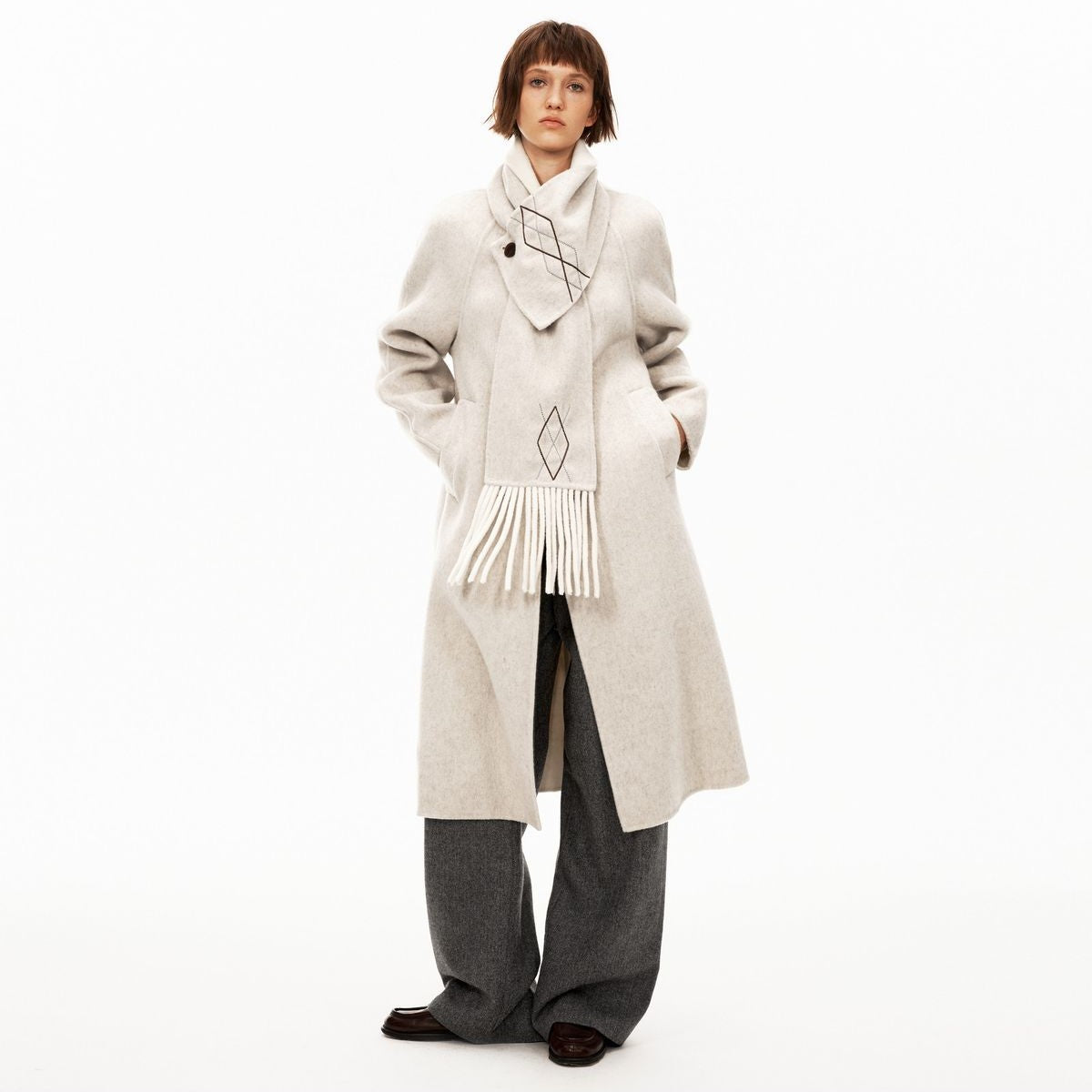 PUKI Diamond Fringe Scarf Wool Coat in Light Gray - On Model