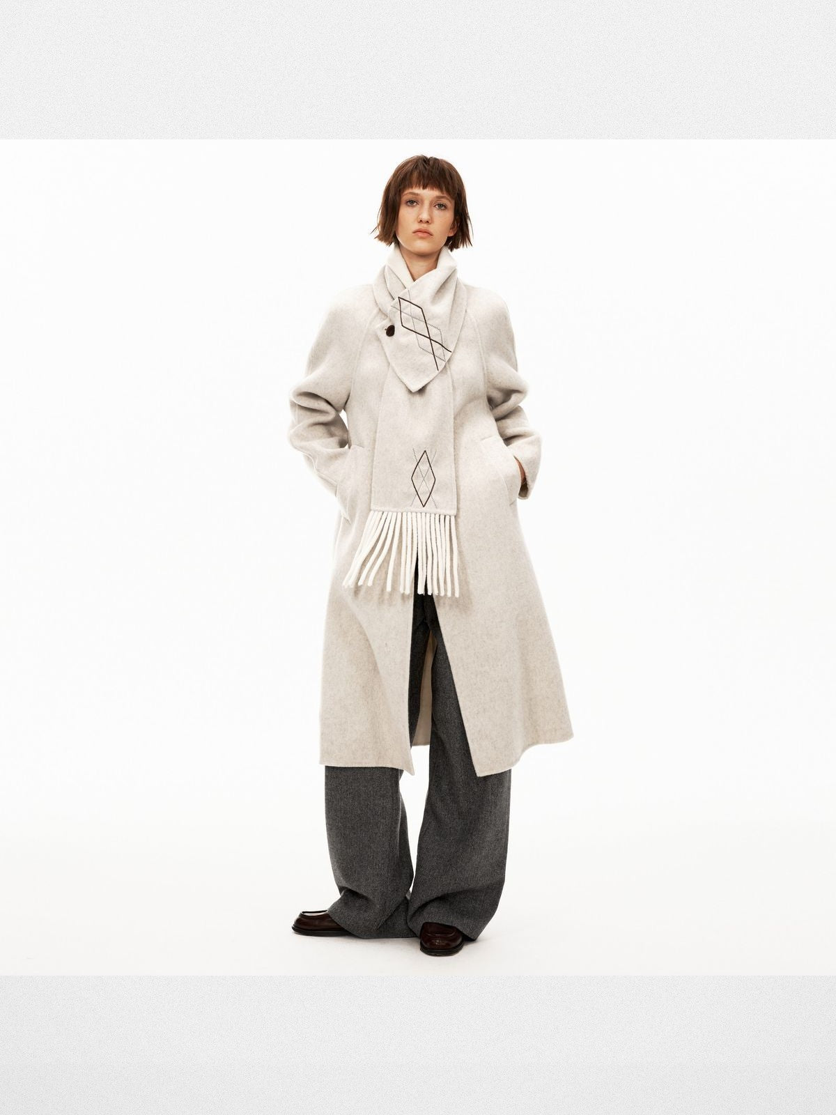 PUKI Diamond Fringe Scarf Wool Coat in Light Gray - On Model