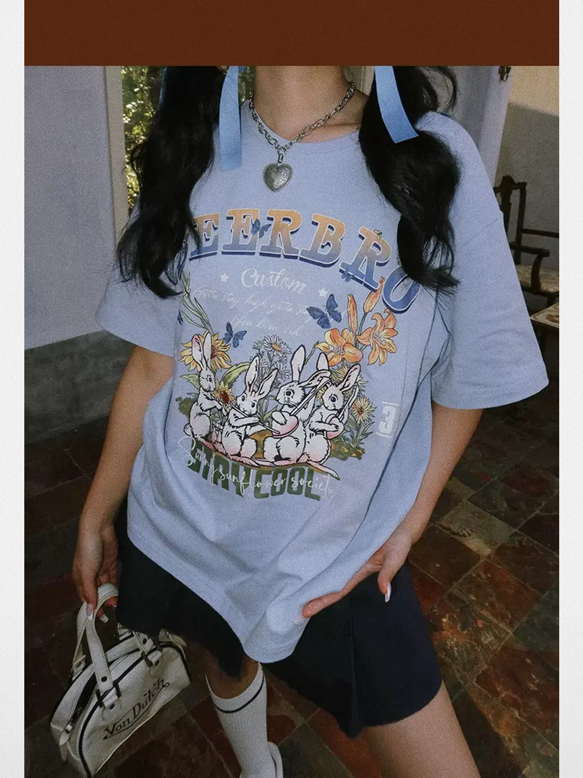 BeerBro Rabbit Graphic Oversized T Shirt in Sky Blue - On Model