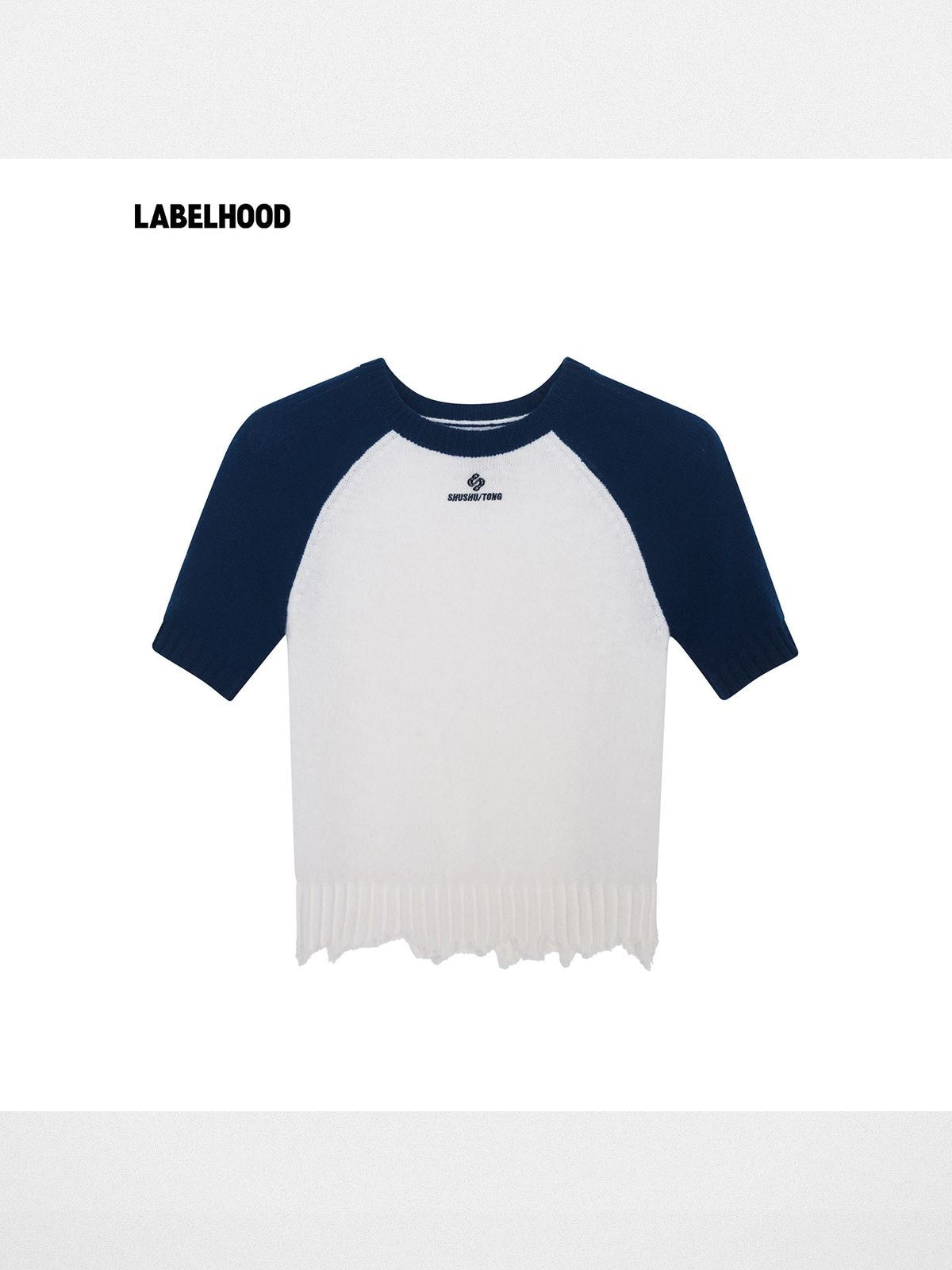 SHUSHUTONG Color Block Raw Edge Knit Top in White