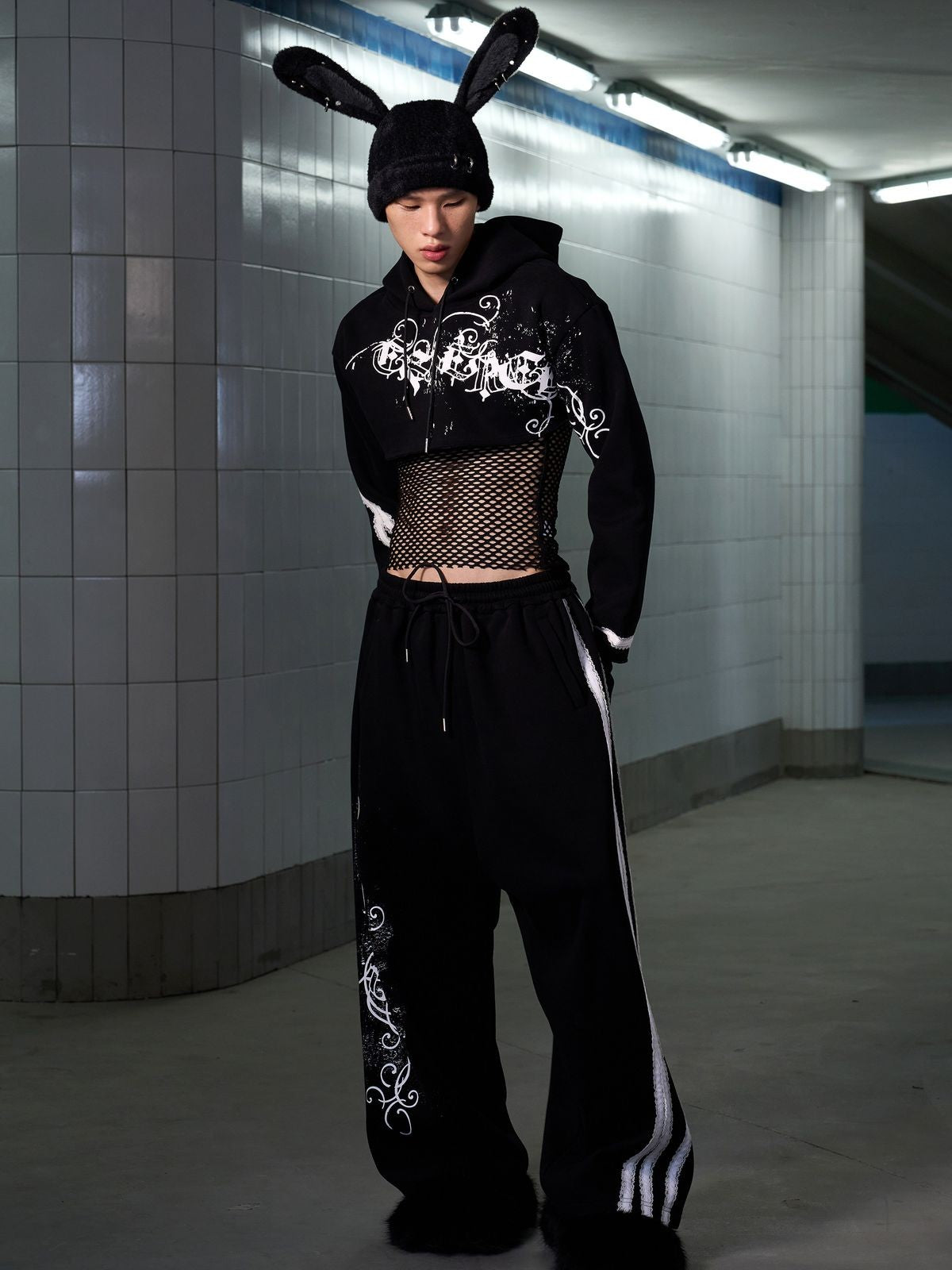 CFIERCE Paint Splash Lace Detail Joggers in Black - On Male Model