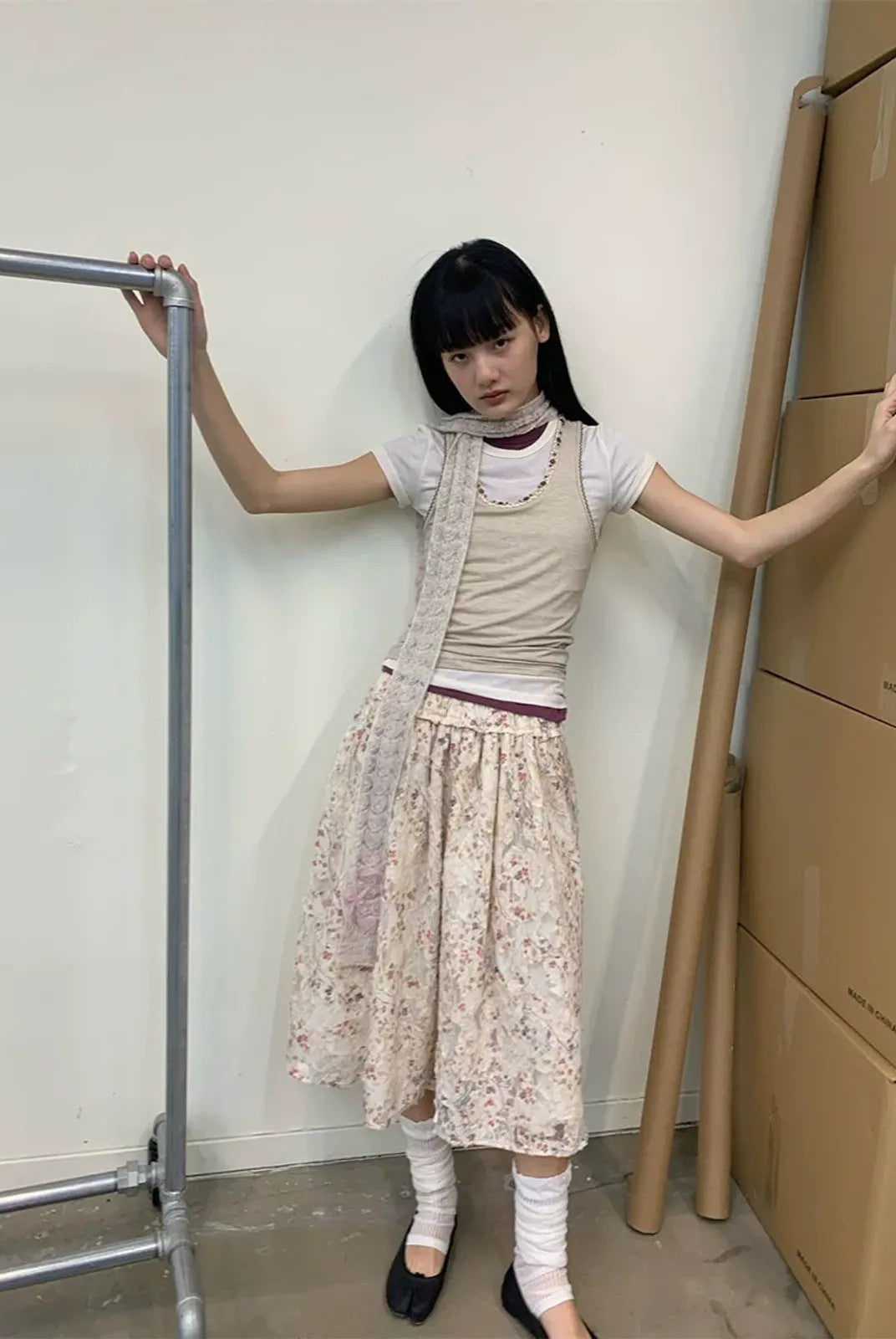 NeverSeez Beaded Lyocell Wool Tank Top in Khaki - On Model