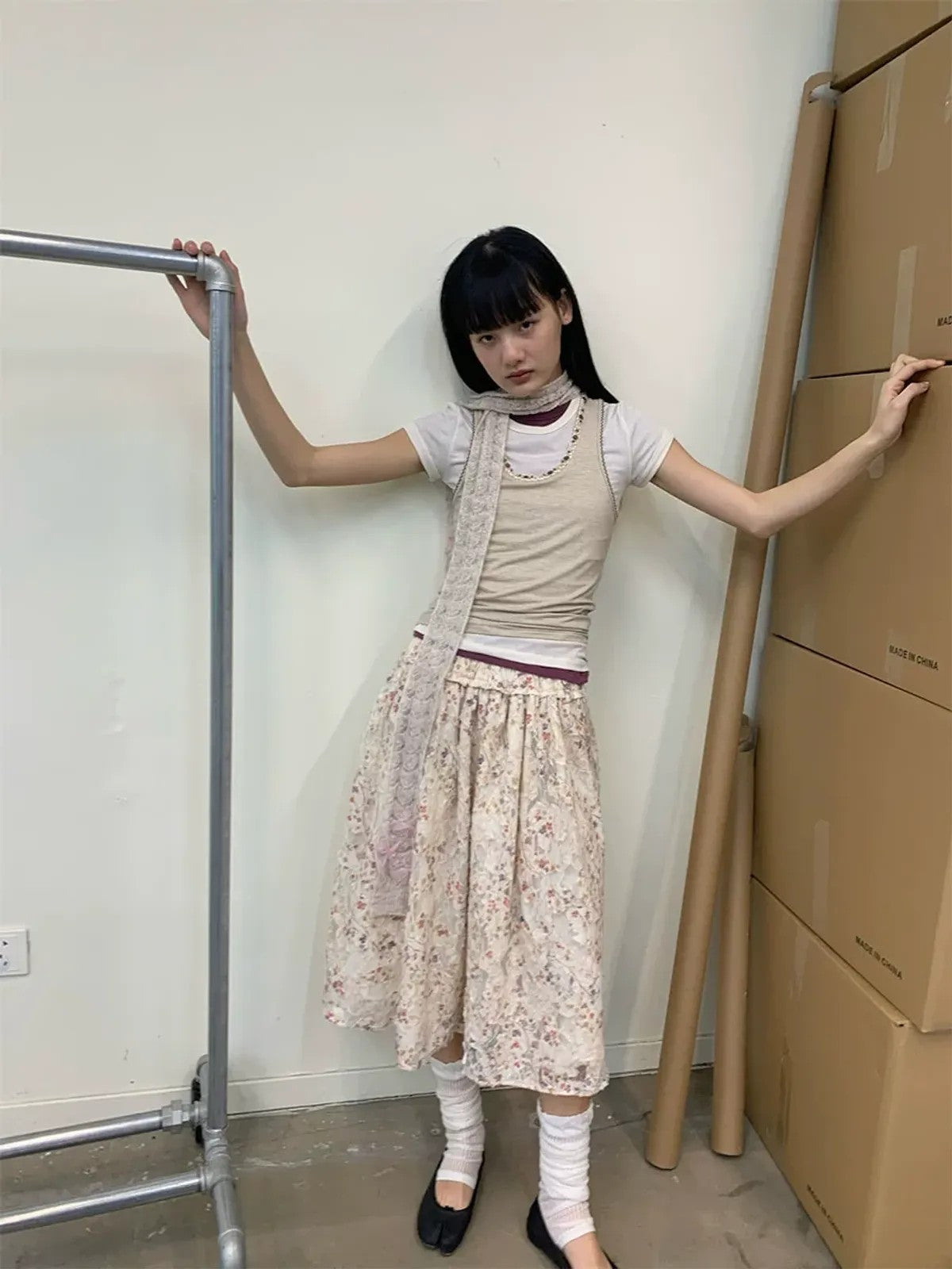 NeverSeez Beaded Lyocell Wool Tank Top in Khaki - On Model