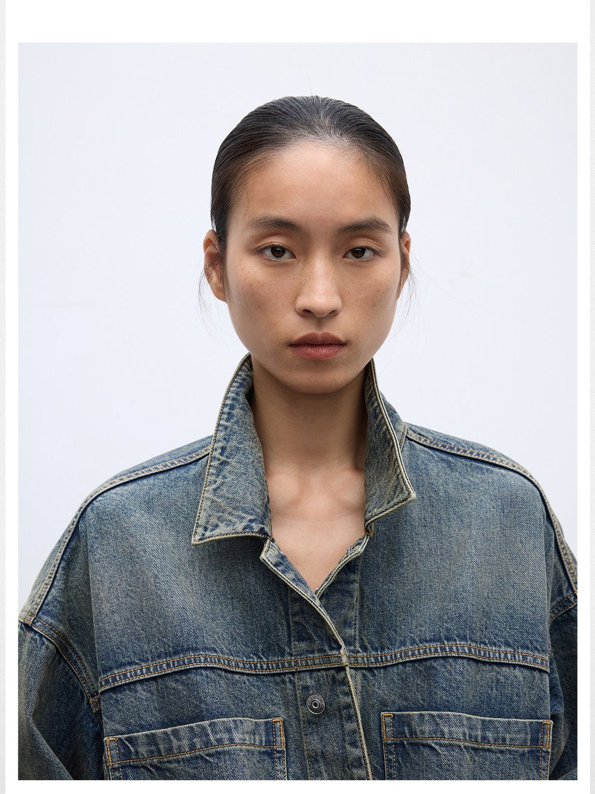 RandomPiece Vintage Wash Cropped Denim Jacket in Denim - On Model