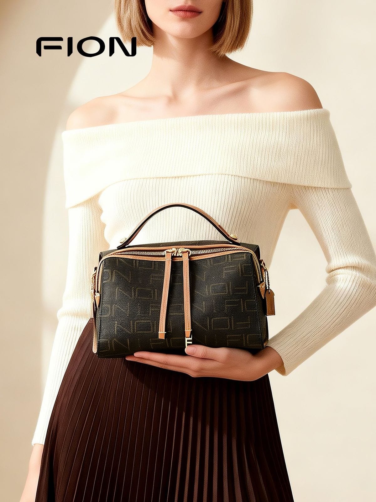 FION Monogram Canvas Crossbody Pillow Bag in Caramel - On Female Model