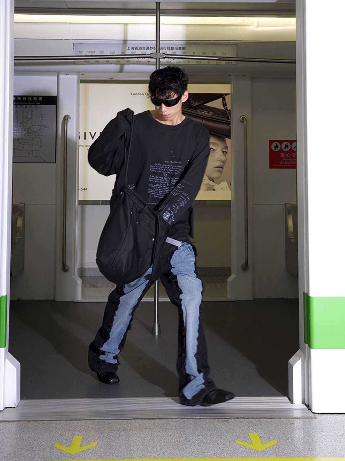 TRIANGLE PROJECT Deconstructed Patchwork Micro Flare Jeans in Black - On Model