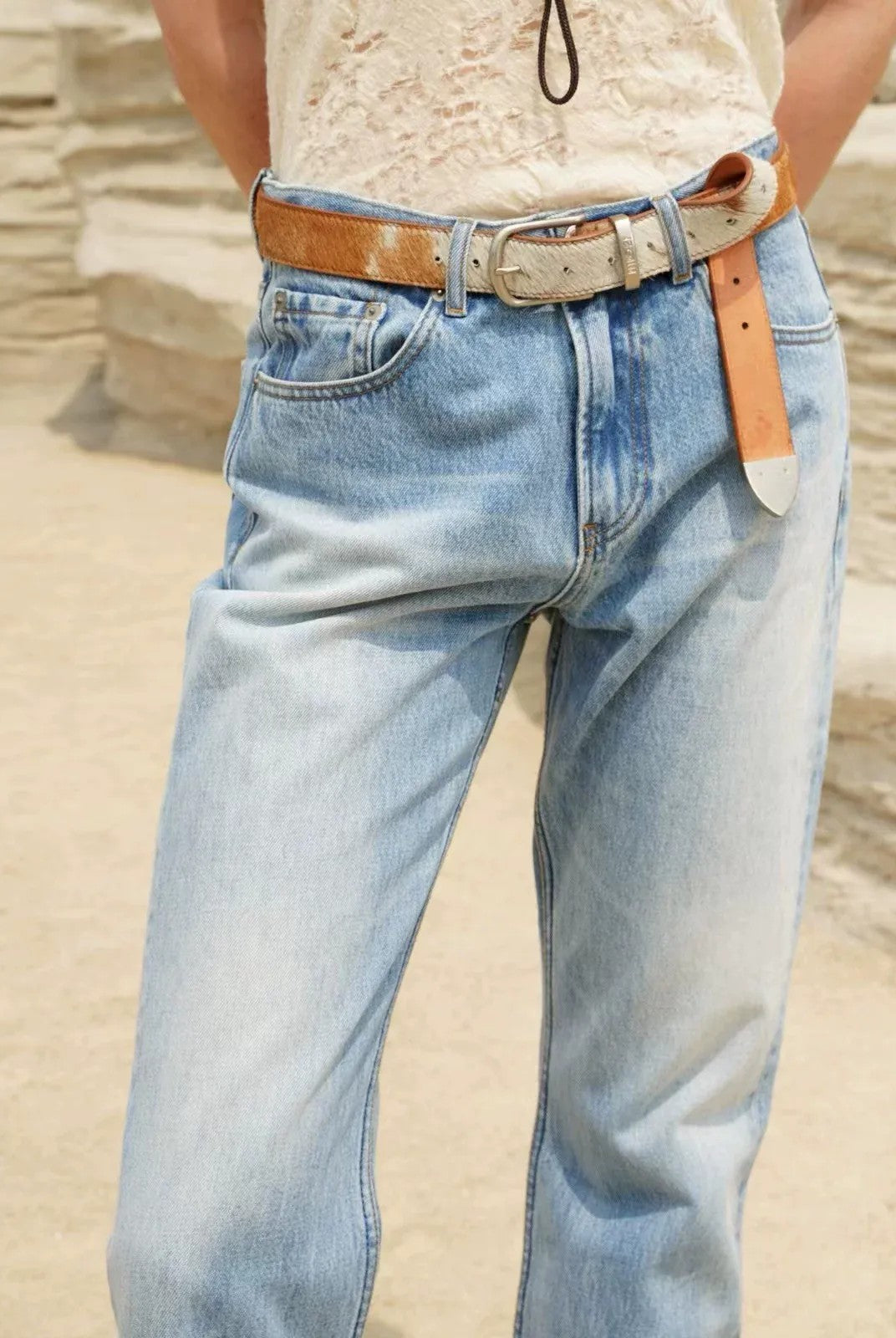 Retro 21 Washed Ice Blue Flared Jeans in Blue - On Model