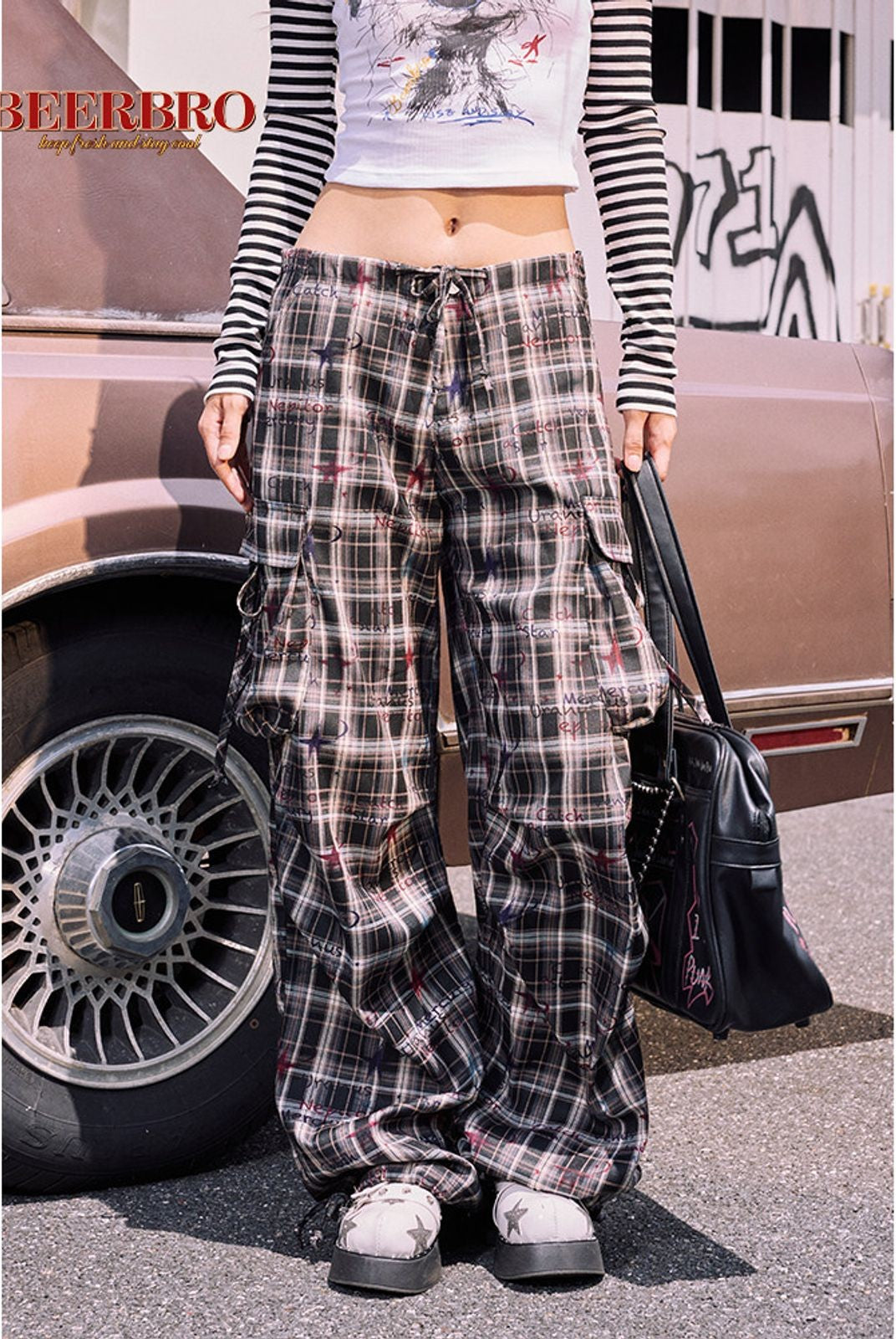 BeerBro Graffiti Plaid Strap Cargo Pants in Sky Blue