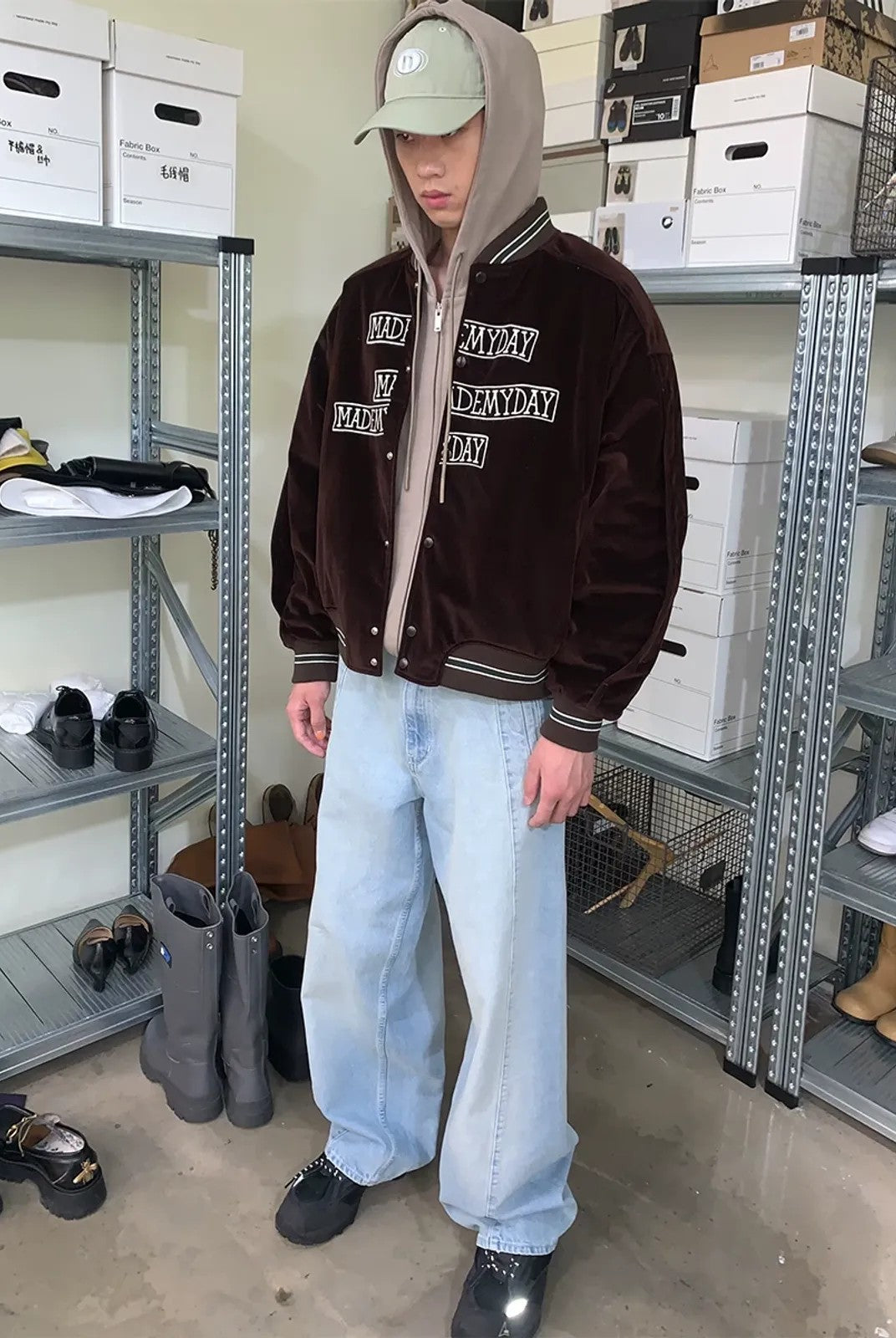 NeverSeez Velvet Corduroy Padded Varsity Jacket in Brown - On Model