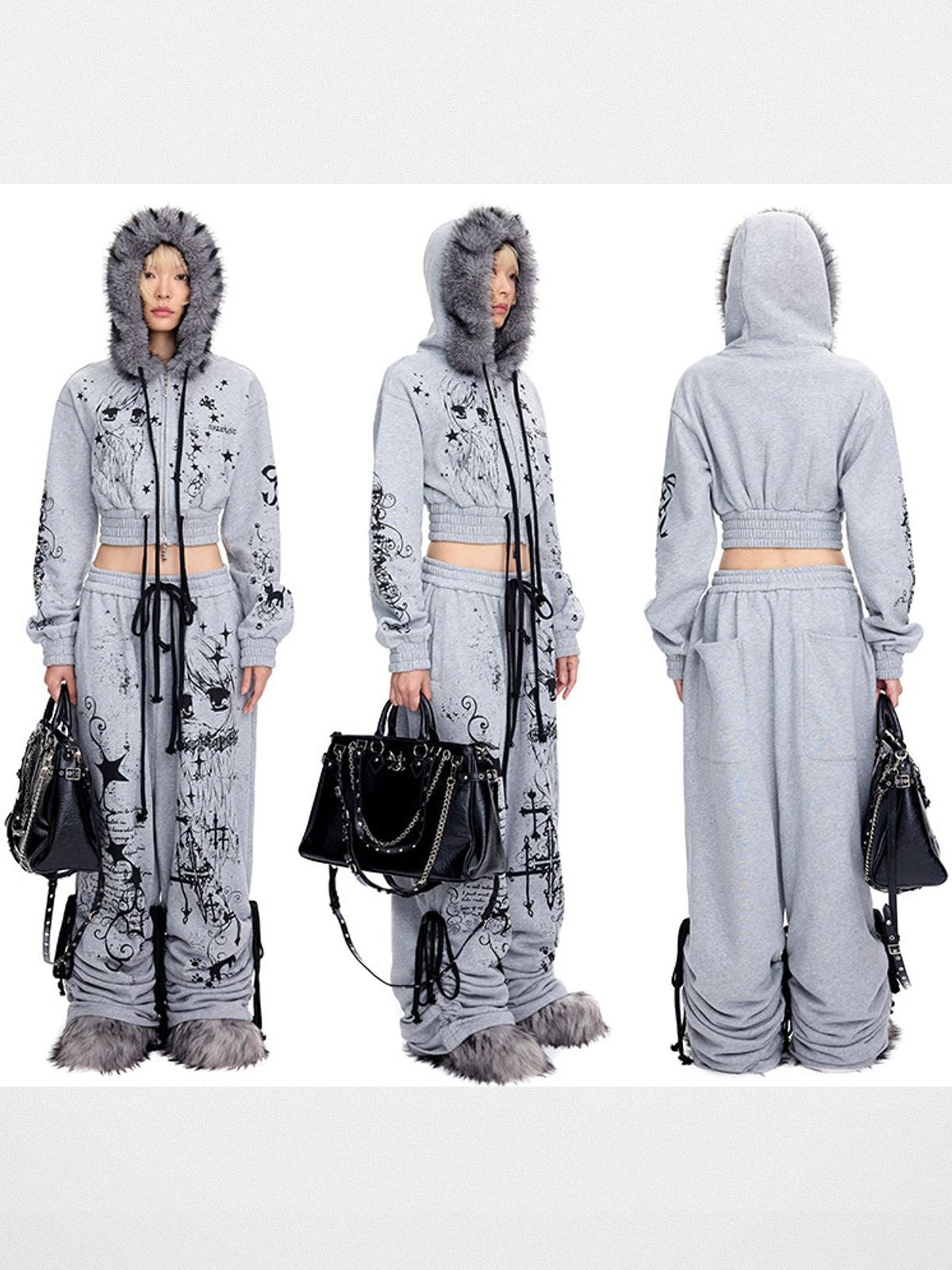 CFIERCE Angel Graffiti Fur Trim Cropped Hoodie in Gray - On Model