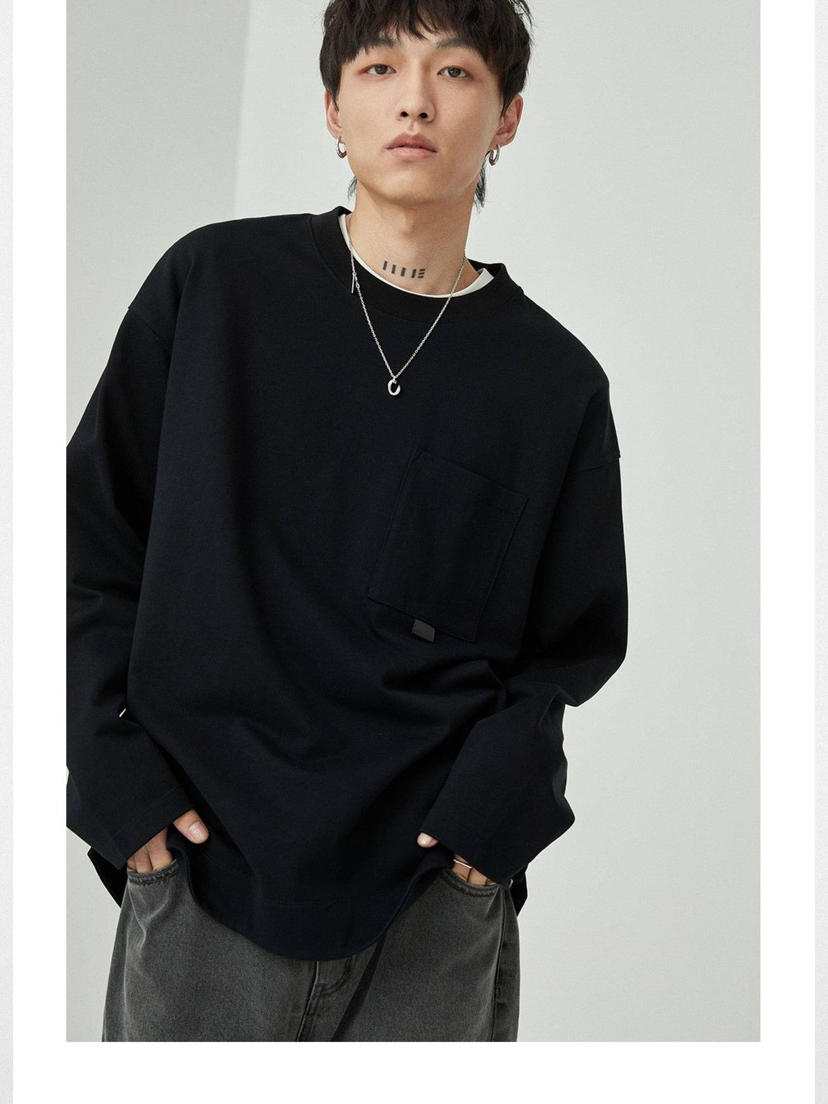 NANS Webbing Strap Pocket Long Sleeve Tee in Black - On Model