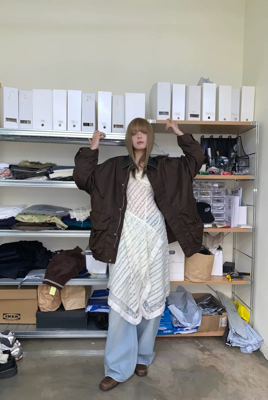 NeverSeez Vintage Wash Nylon Barn Jacket in Brown - On Model