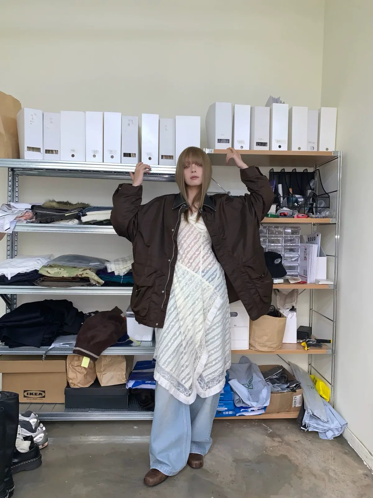 NeverSeez Vintage Wash Nylon Barn Jacket in Brown - On Female Model