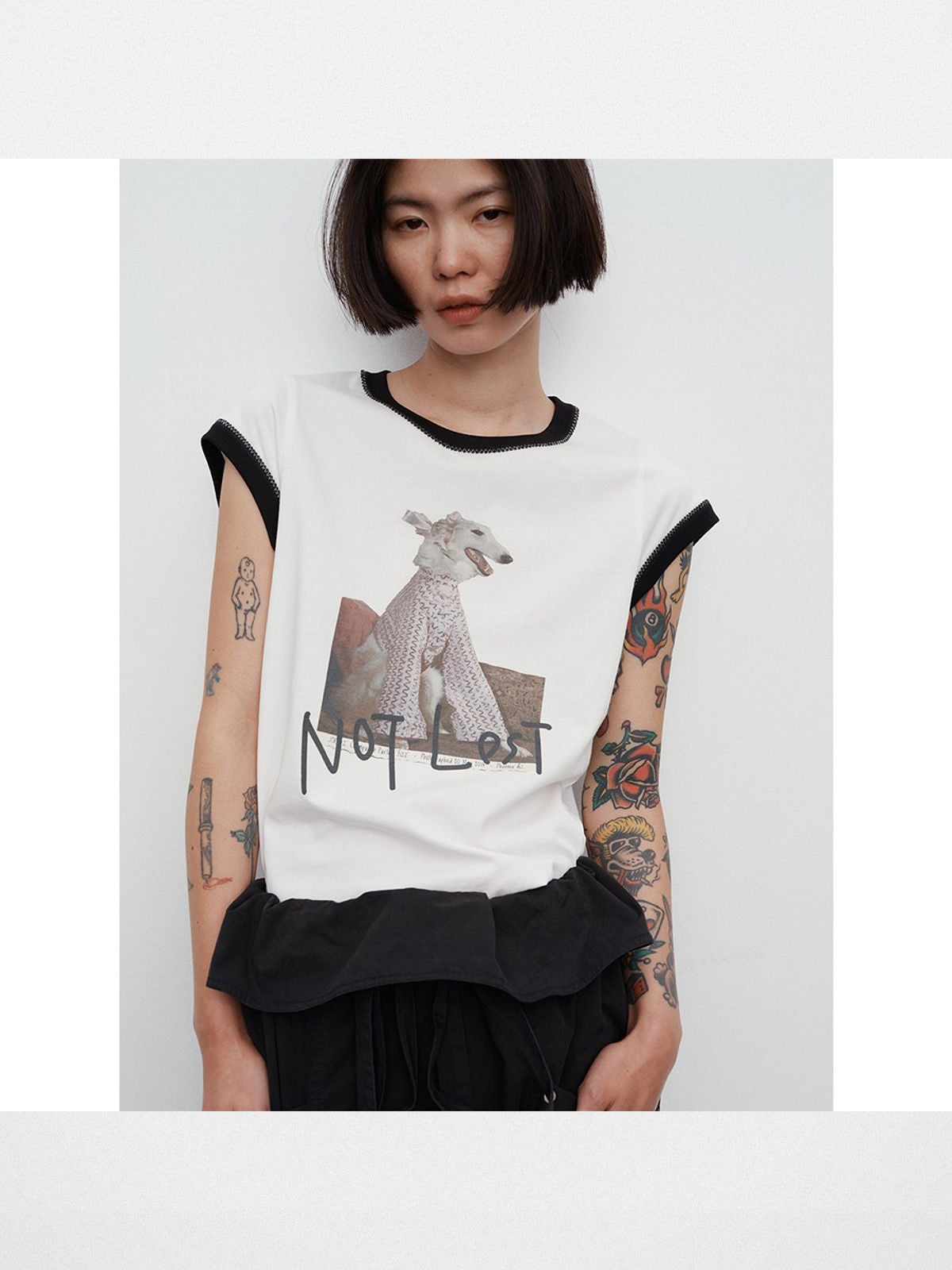 RandomPiece Dog Graphic Flutter Sleeve Tee in White - On Model