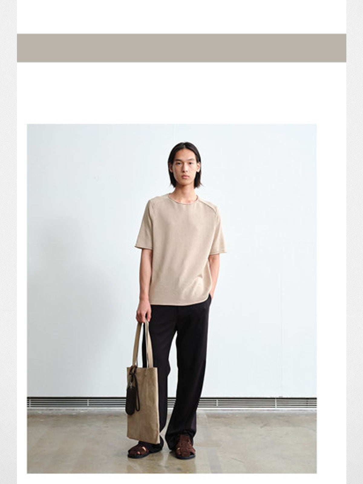 ROYA Rolled Edge Washi Silk Knit T Shirt in Beige - On Model