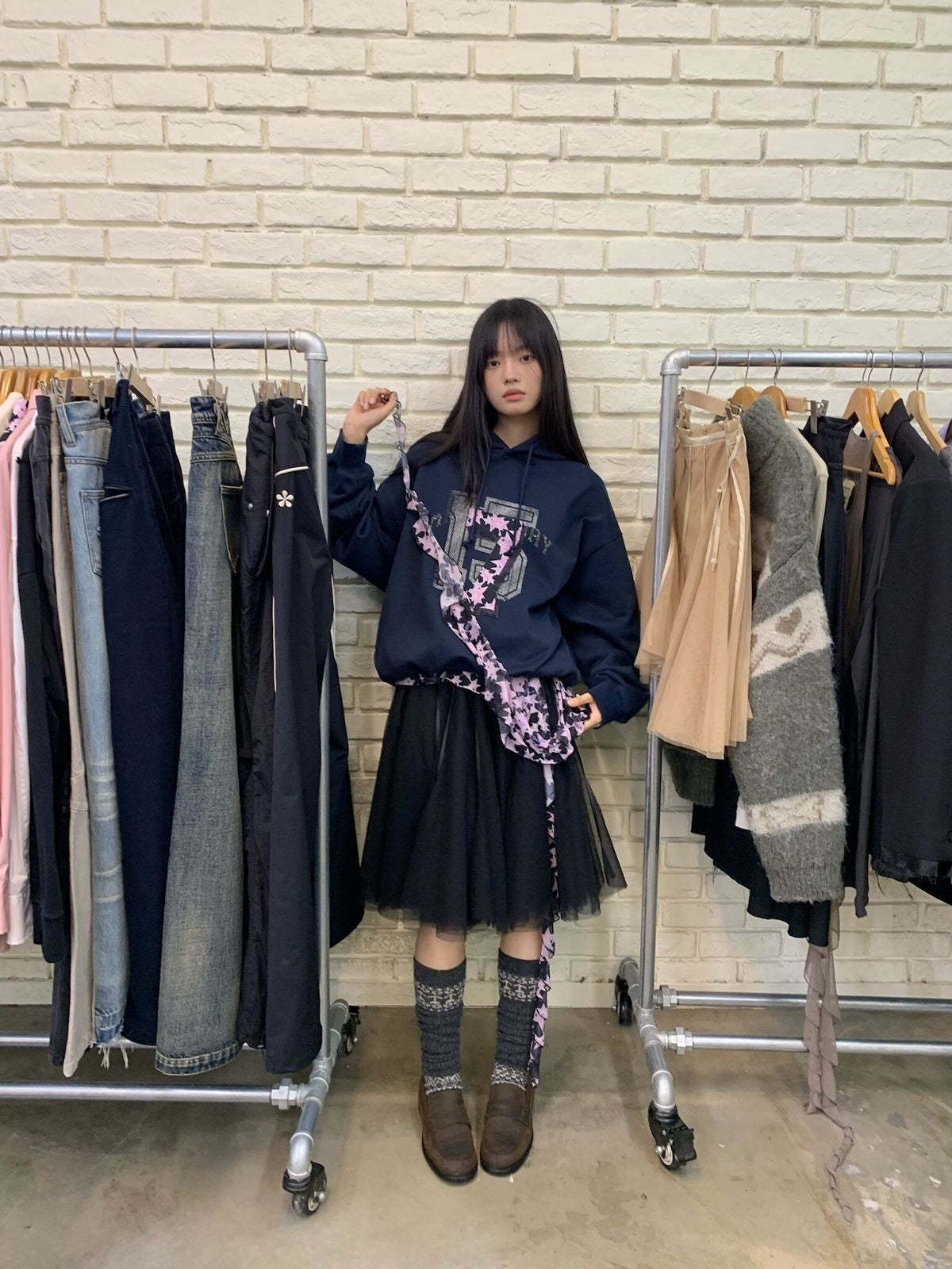 NeverSeez Layered Graphic Patch Hoodie in Navy - On Female Model