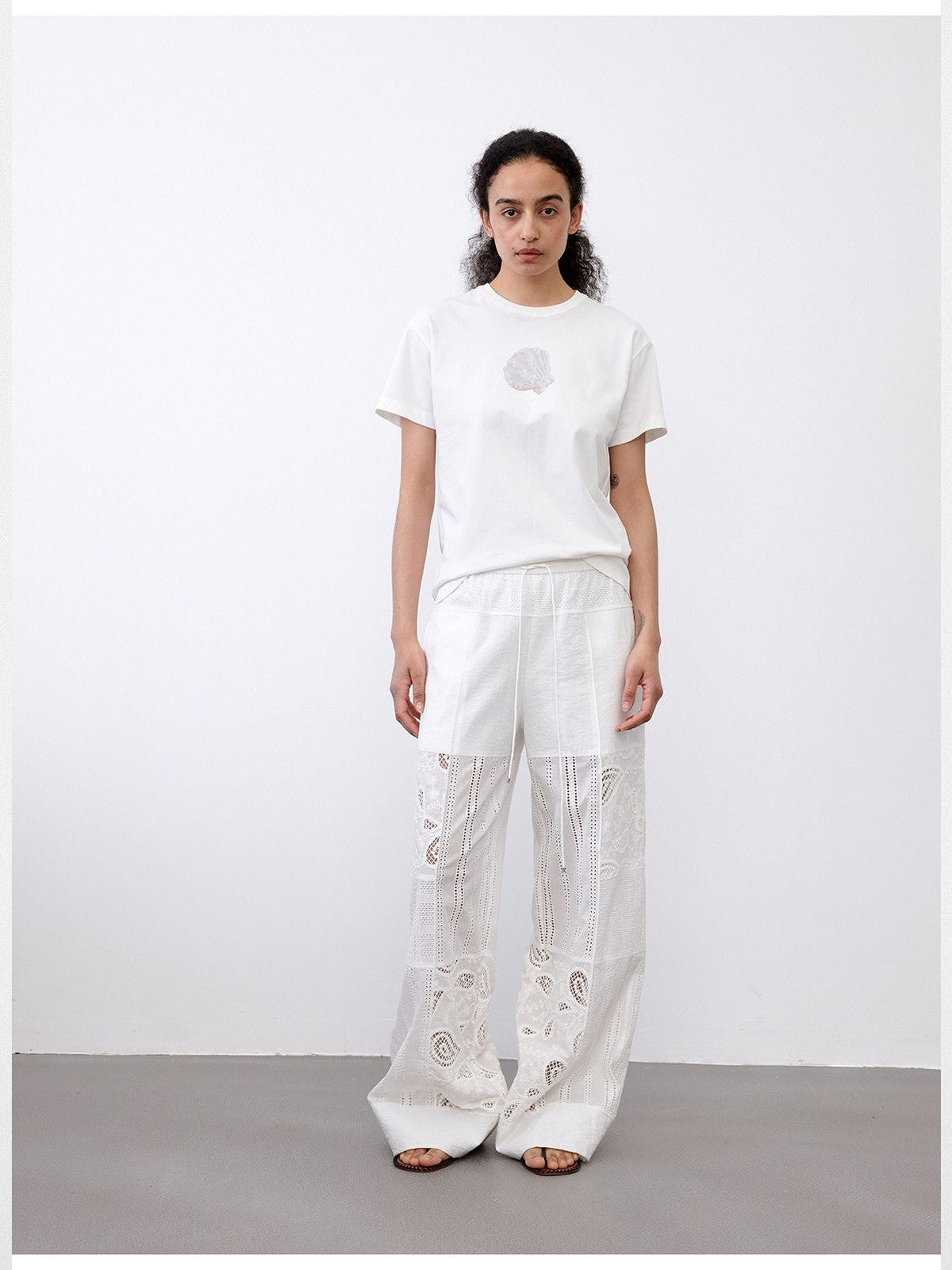 RandomPiece Shell Print Cotton Blend T Shirt in White - On Model