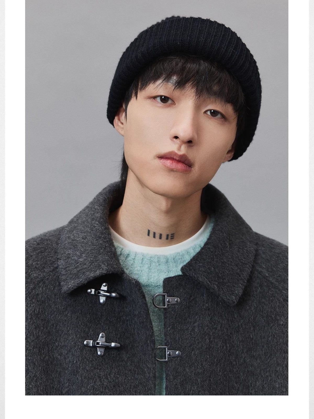 NANS Metal Buckle Wool Balmacaan in Gray - On Model