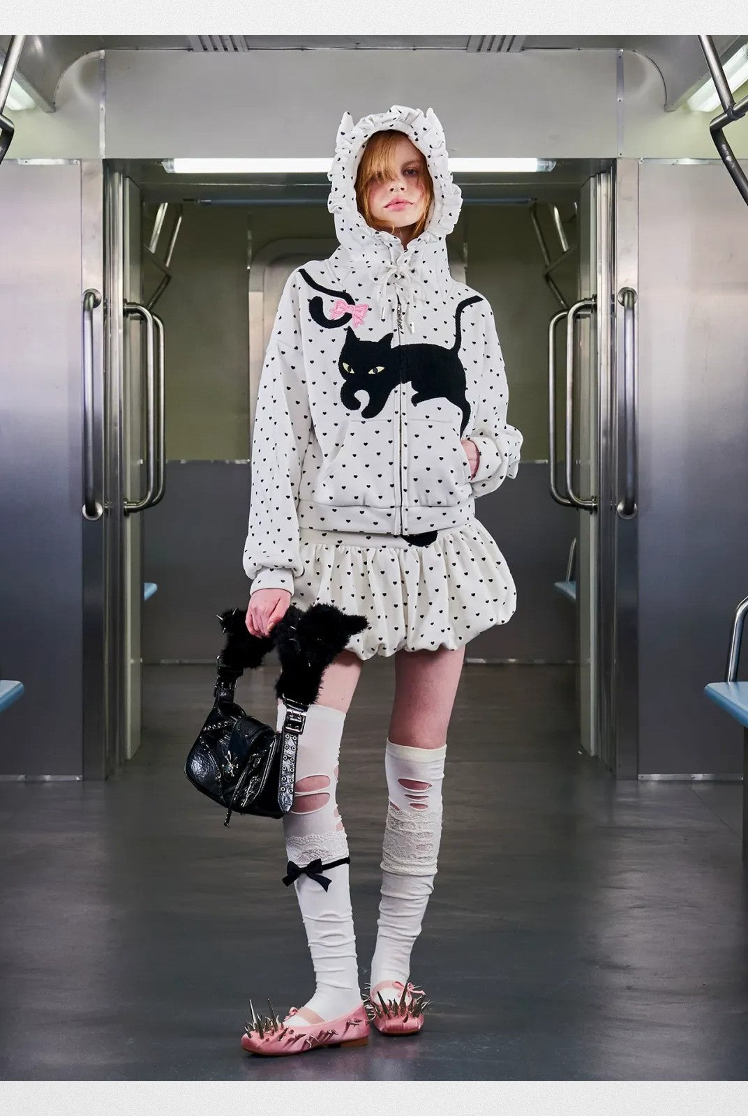 CFIERCE Embroidered Cat Tail Bubble Skirt in White - On Model