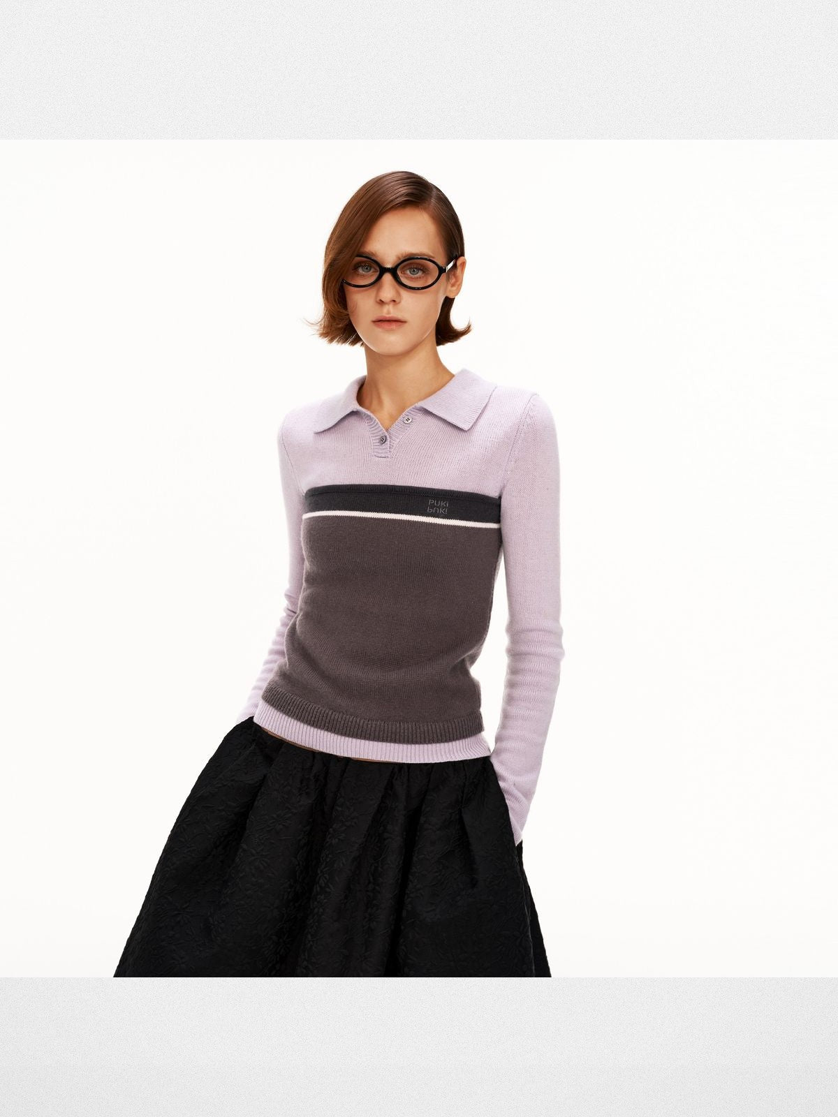 PUKI Colorblock Wool Blend Polo Sweater in Lavender - On Model